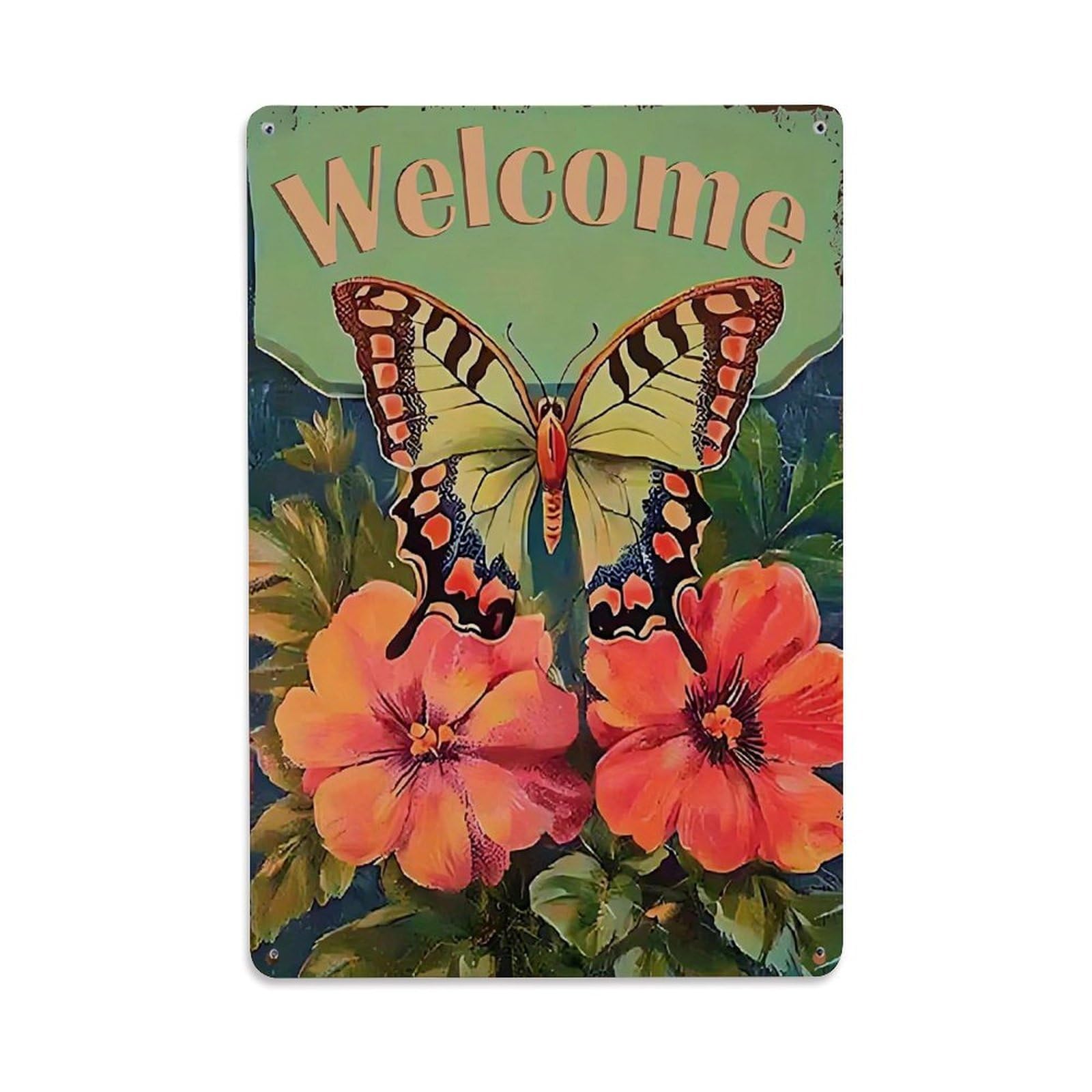 Jdfenggu Vintage Welcome Butterfly And Flowers Retro Metal Tin Sign, Metal Poster For Bar, Home, Man Cave, Kitchen, Laundry Room Art Decor 8X12 Inch