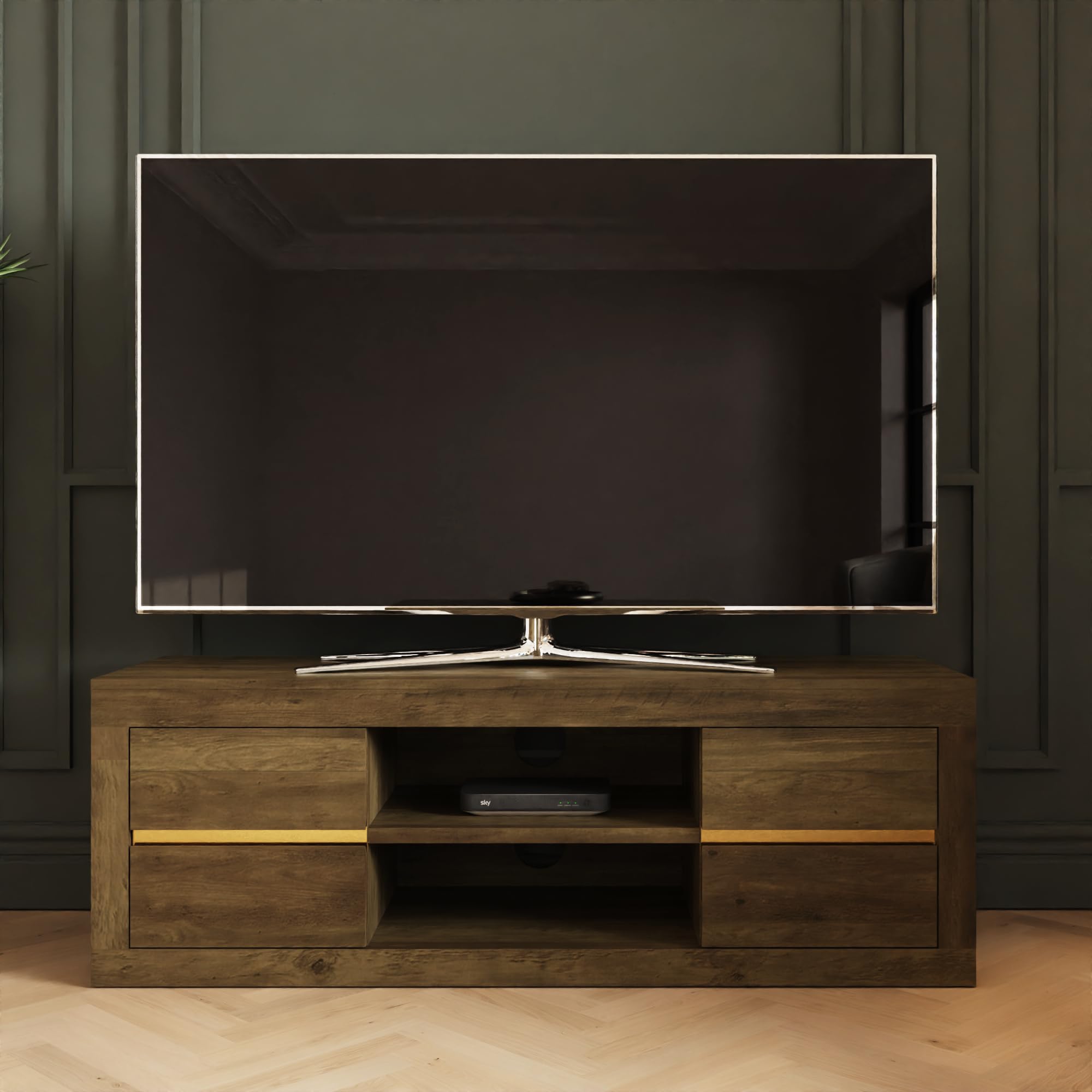 Astley 4 Drawer TV Unit - Knotty Oak Finish with Gold Detailing - GFW