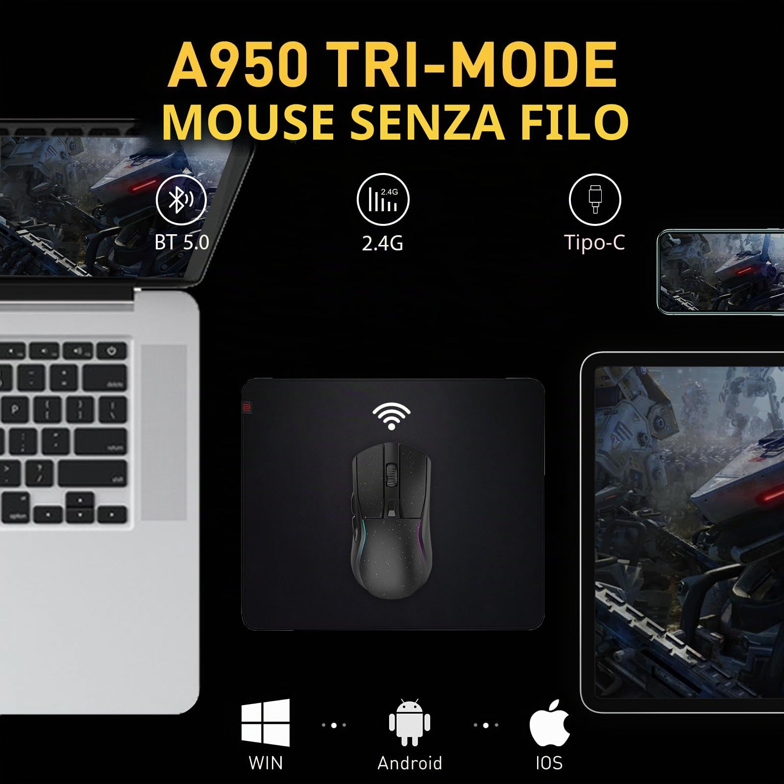 DAREU A950 Mouse gaming wireless con base di ricarica RGB, mouse da gioco leggero e programmabile da 88 g con tre modalità, fino a 12.000 DPI, 1.000 Hz, retroilluminazione RGB, ideale per PC e Mac