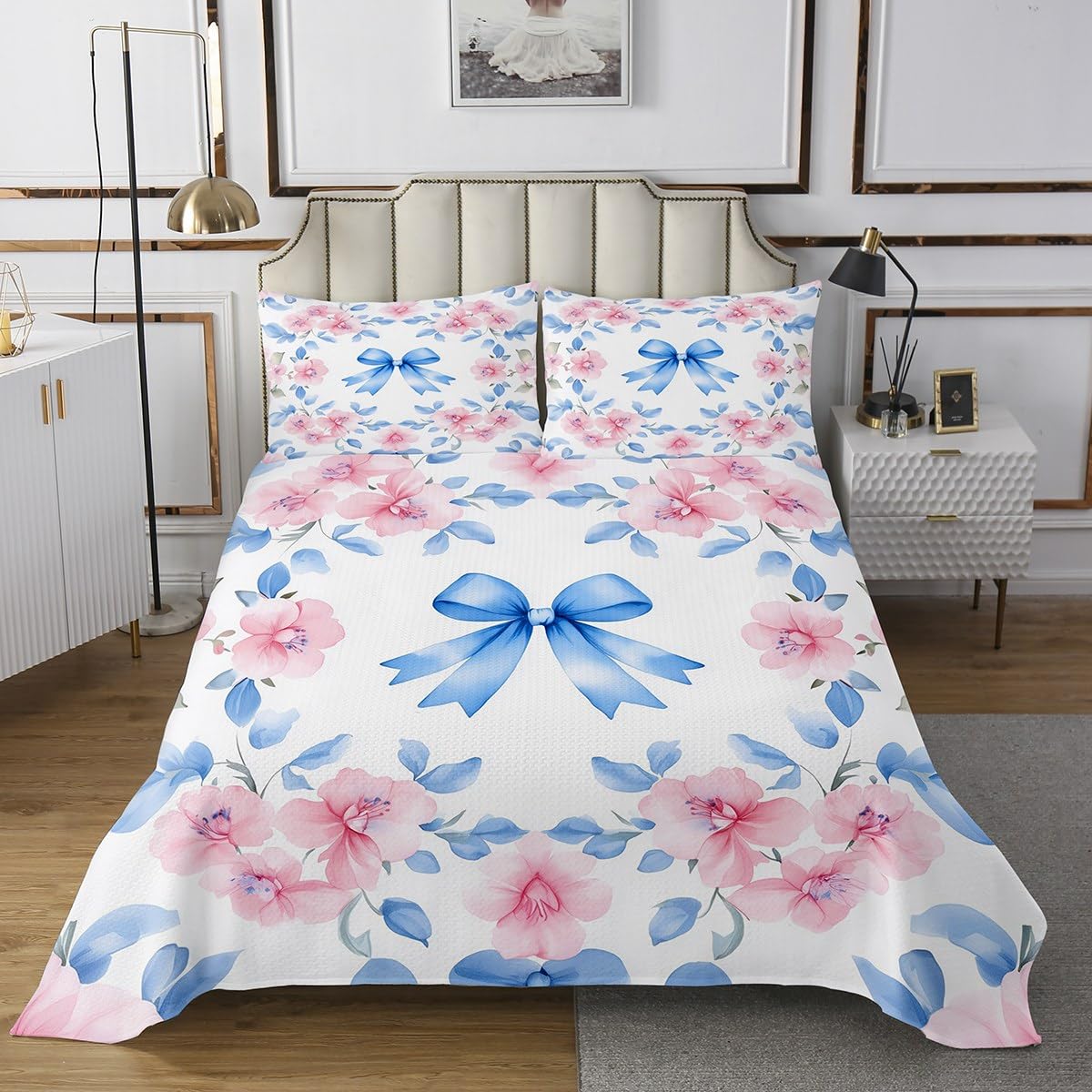 Erosebridal Blue Bowknot Twin Quilt,Pink Floral Bow Bedding Set for Girls Kids Teen,Country Cottage Flower Quilts Bed Set,Coquette Bowtie Bedspread 2Pcs Bedroom Decor with 1 Pillowsham