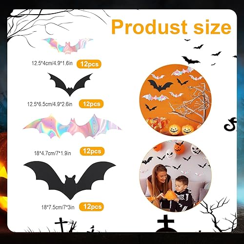 Miniatura 2 de 48 piezas de decoración de Halloween de murciélagos, calcomanías holográficas de pared de murciélagos de Halloween, calcomanías holográficas de