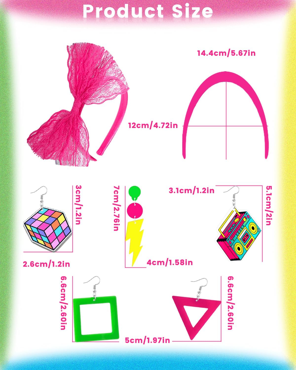 8 Pack 80s Earrings and Lace Headband with Bow for Women 80's Neon Accessories for Halloween Costume Retro 80 S Theme Party Outfit - Image 7