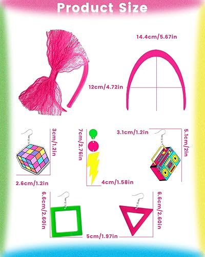 Miniatura 7 de Paquete de 8 aretes y diadema de encaje de los años 80 con lazo para mujer, accesorios de neón de los años 80 para disfraz de Halloween, traje retro