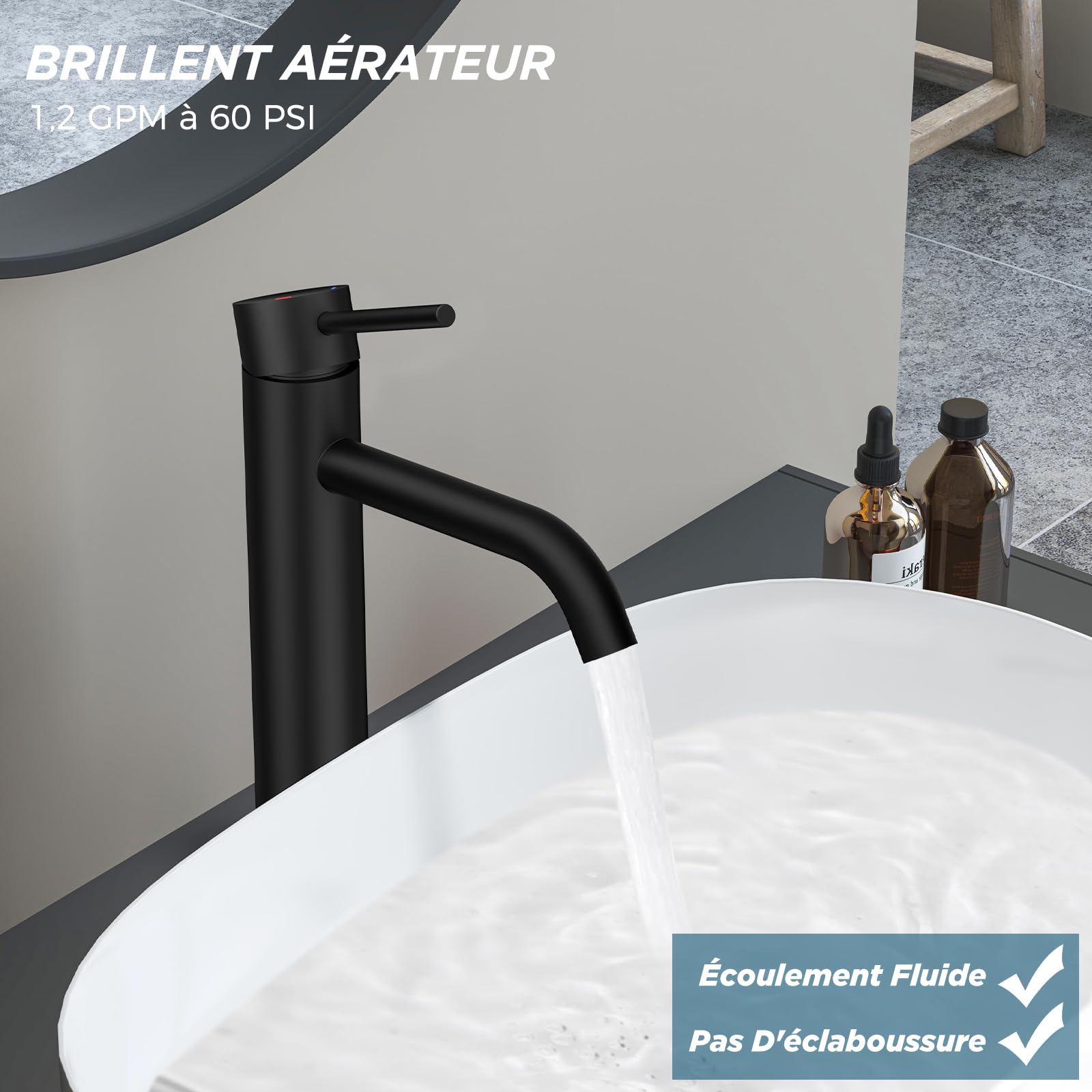 FORIOUS Robinet de Lavabo pour Salle de Bain, Mitigeur Haut en Noir avec Hauteur de Bec de 190 MM, Mitigeur à Levier Unique pour Lavabo dans la Salle de Bain, les Toilettes des Invités
