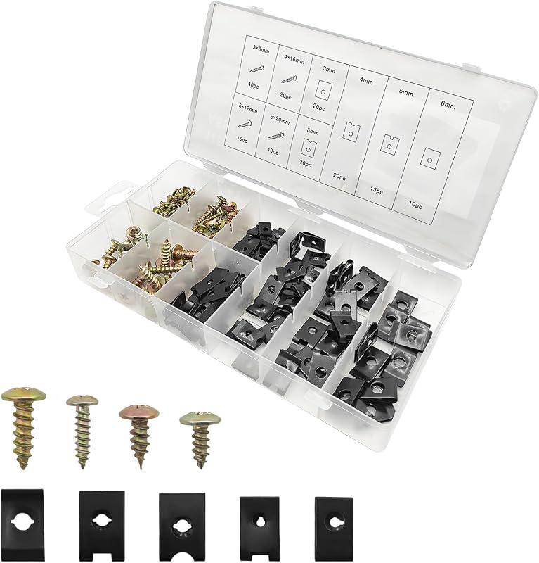 170 PCS Car U Clips with Screw Assortment Kit, 9 Different Sizes Automotive U Nuts with Screws Set, Vehicle U Clip Bolts Replacement Parts for Dash Door Panel Interior