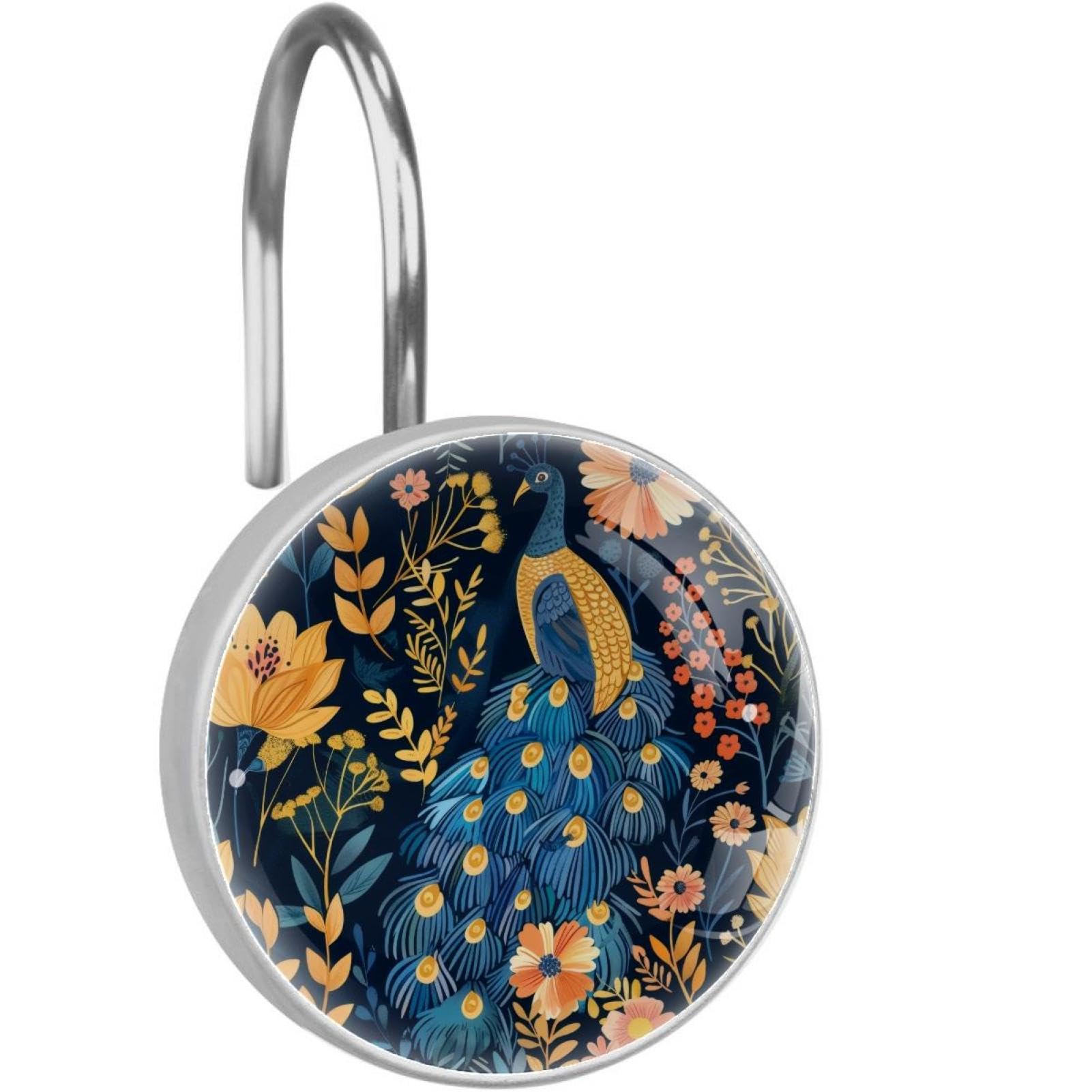Crochets de rideau de douche en acier et verre x12 design fleurs et paon pour salle de bain