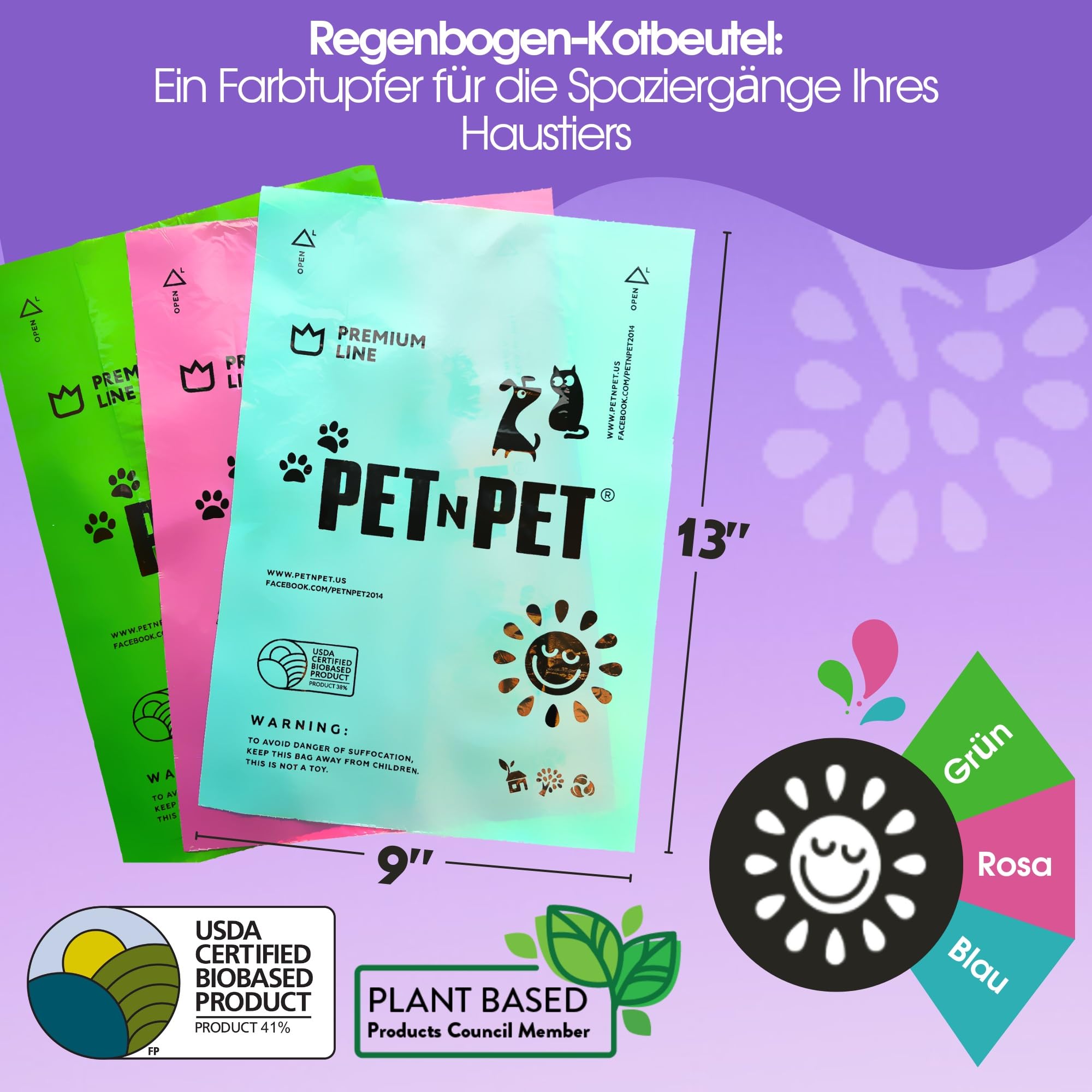 Pet N Pet Bunte Hundekotbeutel, 720 Stück, 48 Rollen, Lavendelduftend | 41% pflanzenbasiert & 59% PE, Extra dick & reißfest, kotbeutel für hunde & Katzenstreubeutel, Auf Rollen