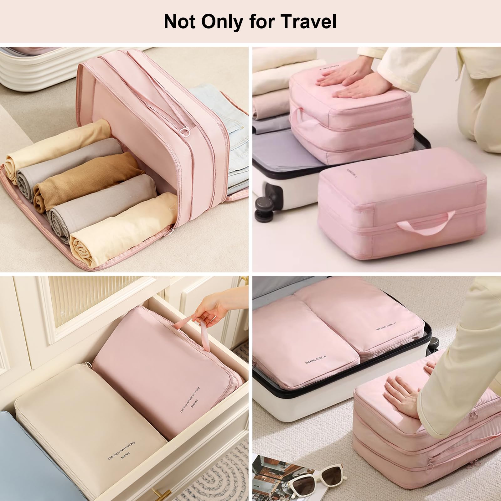 Cubi di imballaggio a compressione a doppio strato per viaggi, borse organizer per bagagli comprimibili per valigie borsa da imballaggio accessori da viaggio, rosa, M