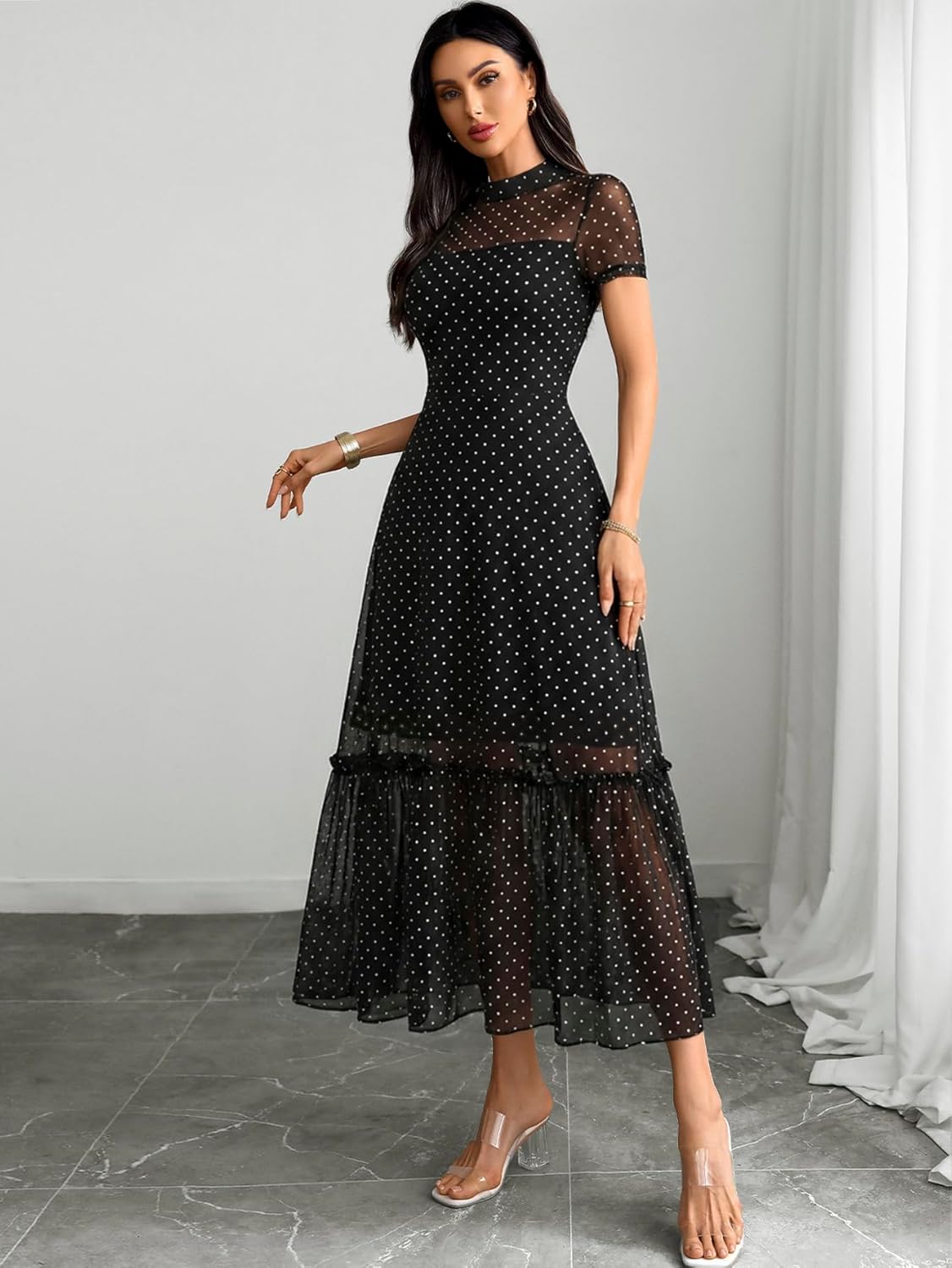 GothDark Women's Summer Floral Mesh Ruffle Dress Short Sleeve Round Neck Waist Cinched Casual Maxi Wedding Guest Dresses
