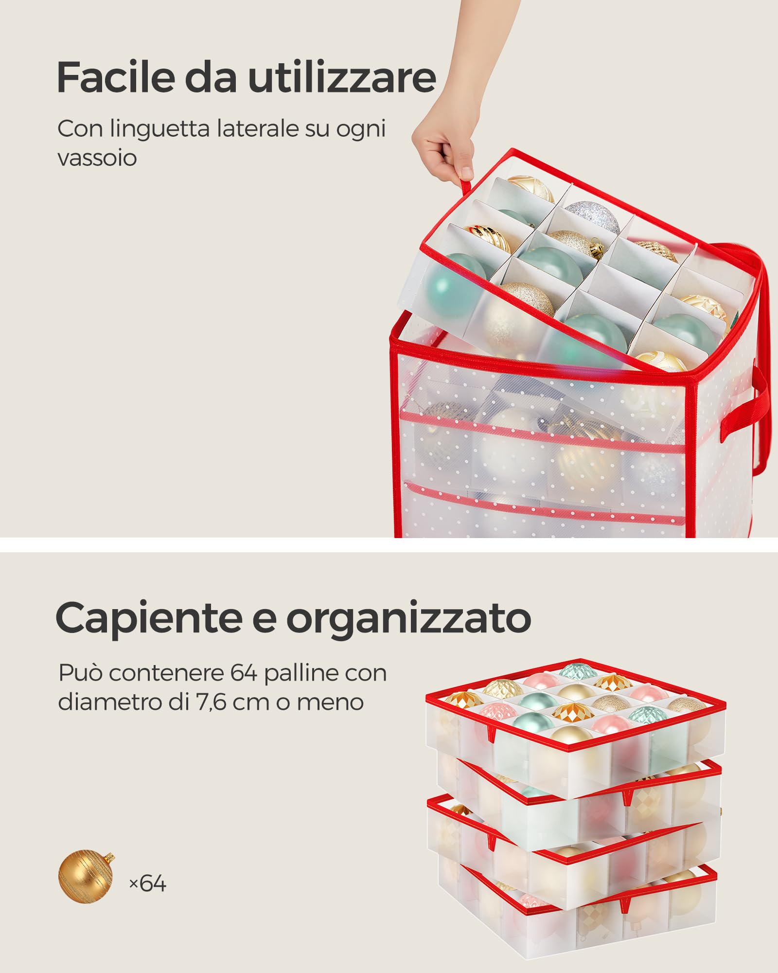 SONGMICS Contenitore per Palline di Natale, Scatola per Decorazioni Natalizie, 64 Posti da 7,6 cm, Vassoi Rimovibili, 33,5 x 33,5 x 34 cm, Rosso Ciliegia RFB029T03