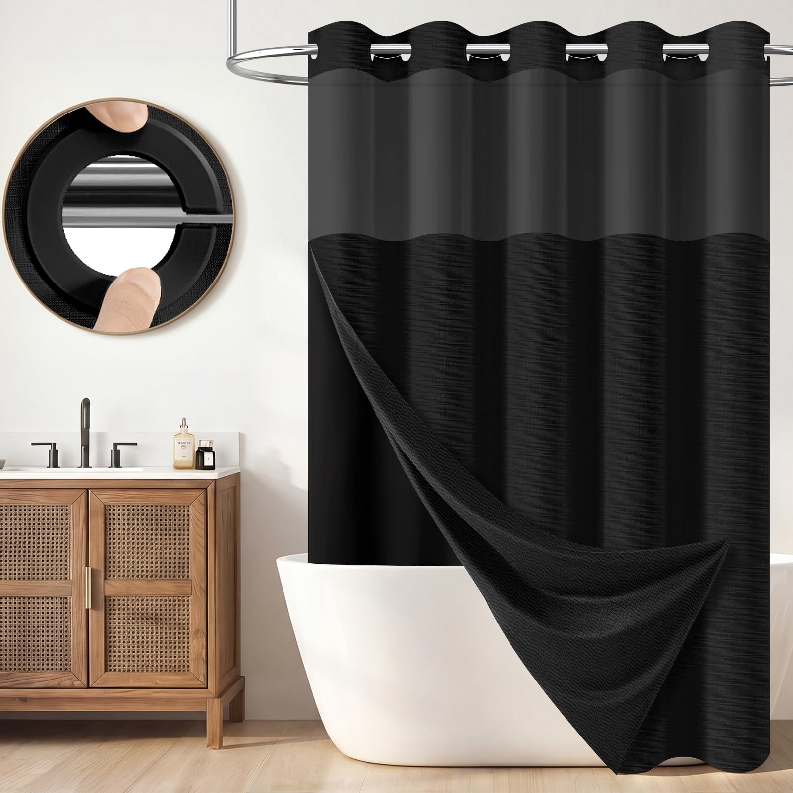 BTTN Black Linen Textured Ringless Shower Curtain Set