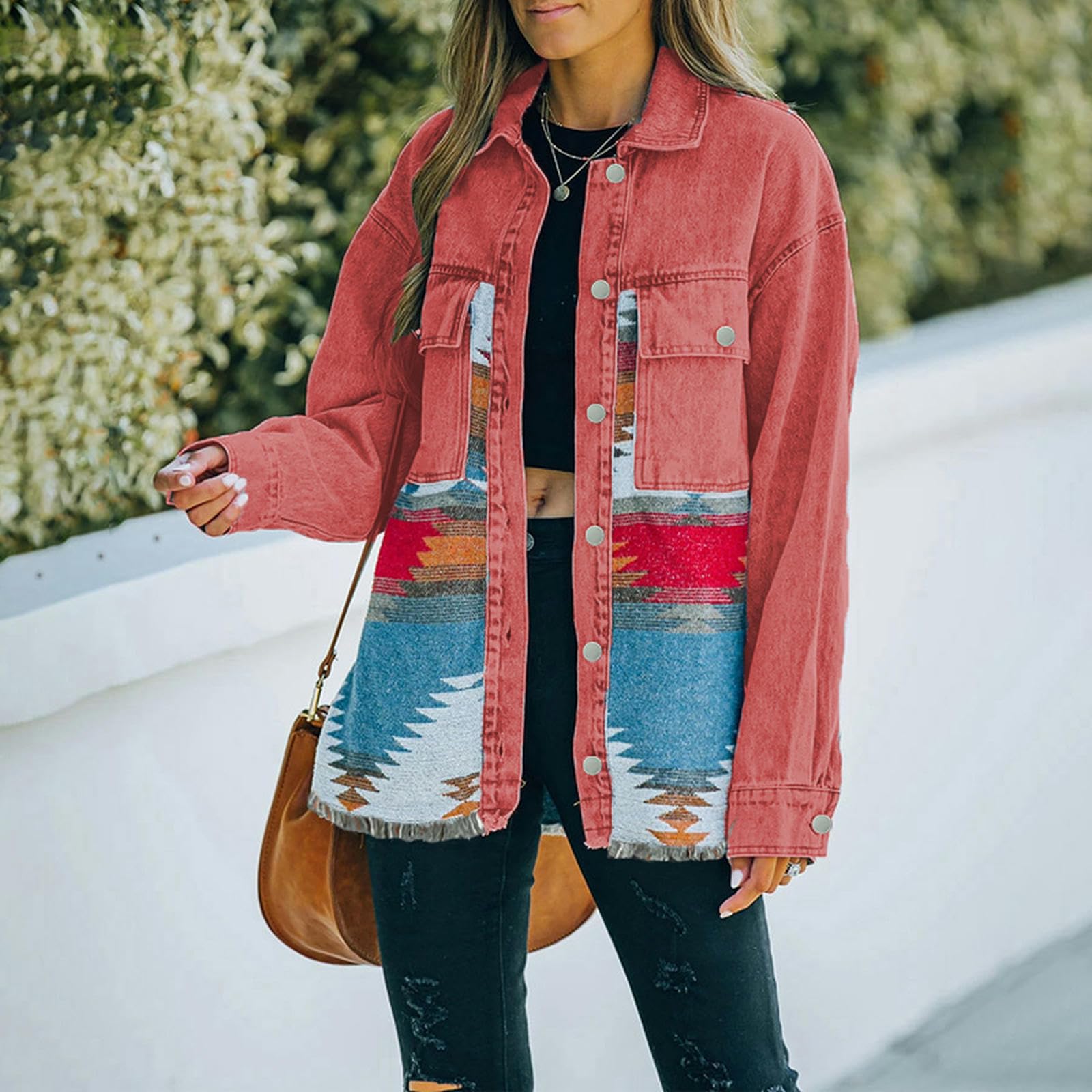 Jeans Casual chaquetas 2023 Otoño Invierno nuevo azteca solapa bolsillo Denim abrigo Patchwork manga larga lana mujer chaqueta Retro