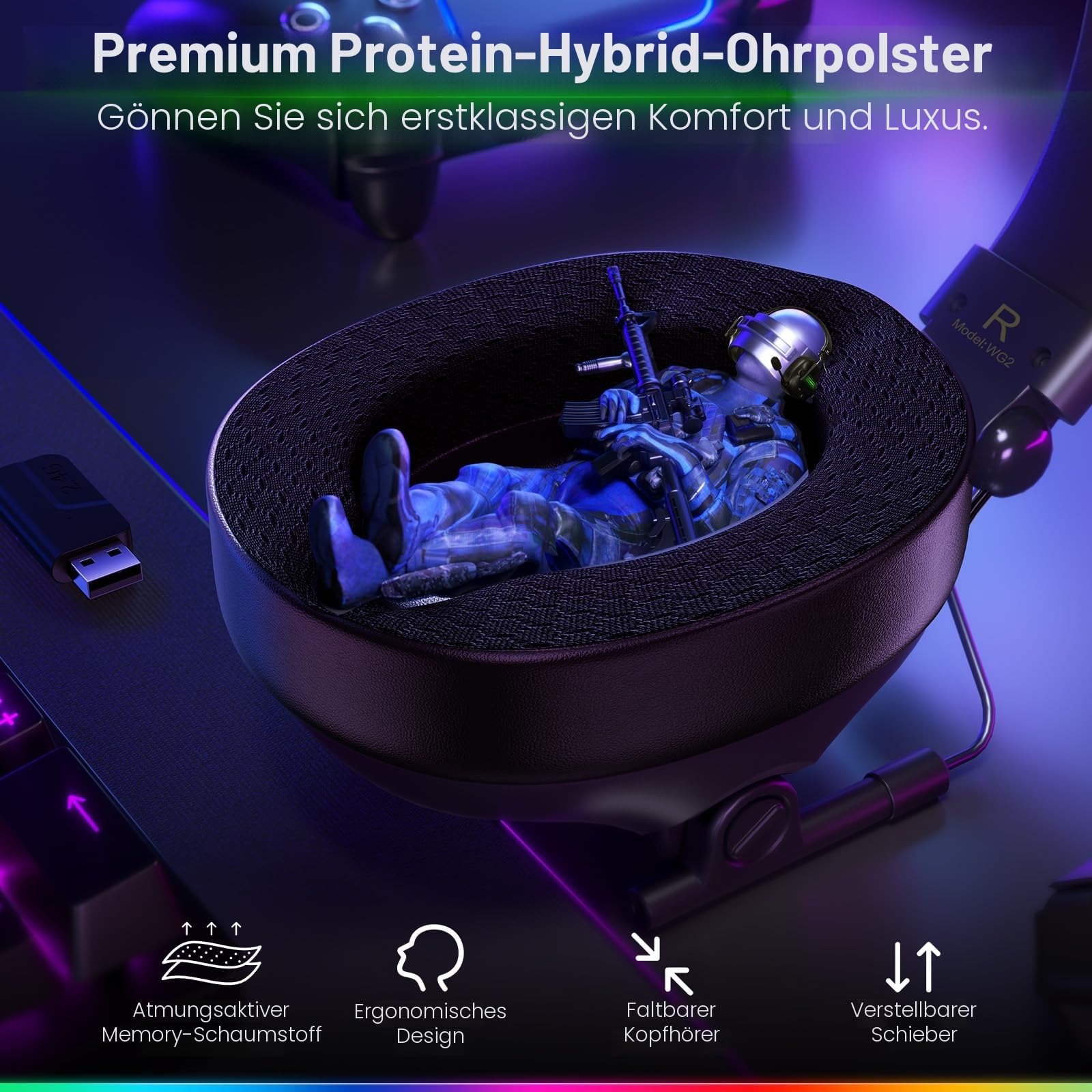 WESEARY Bluetooth Kopfhörer, 2,4G Wireless Gaming Headset mit Mikrofon für PS5, PS4, PC, Switch, Mac, Faltbarer Surround Sound Noise Cancelling mit LED Licht, Über 50 Stunden Akkulaufzeit