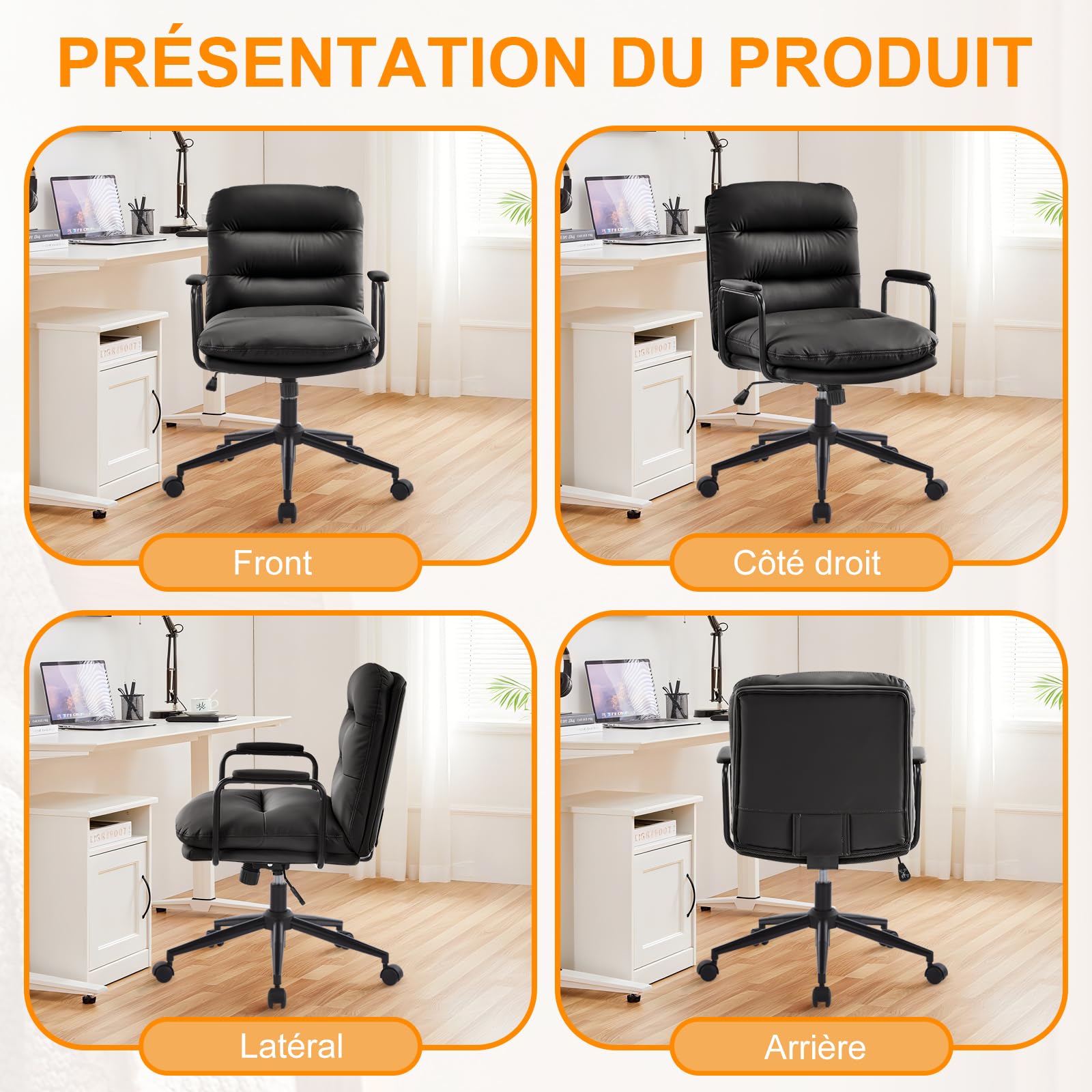 Fauteuil de Bureau Réglable en Hauteur Cuir PU avec Roulettes, Chaise Coiffeuse Bascule Pivotante Noir