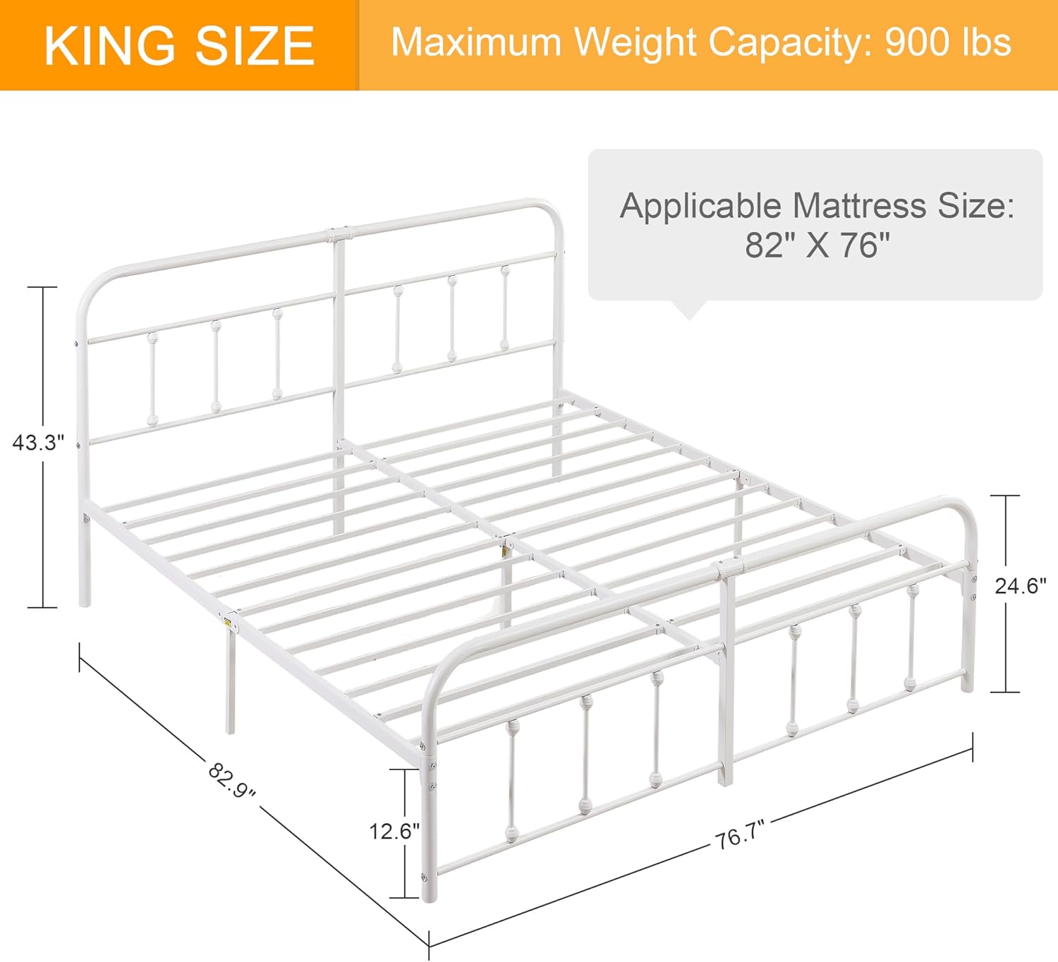VECELO King Size Victorian Style Metal Bed Frame with Headboard Classic Metal Platform Bed Frame Mattress Foundation with Footboard/Under Bed Storage/No Box Spring White