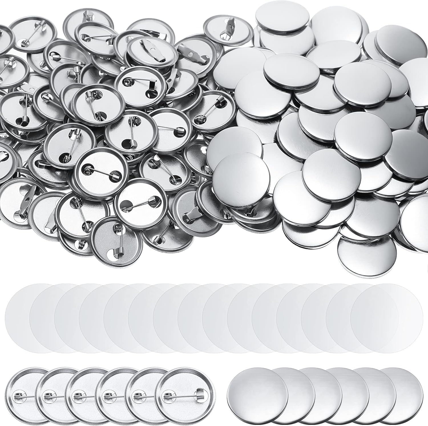 200 accesorios para hacer botones en blanco para máquina de hacer botones, 58 mm, pin redondo para insignia, parte trasera de plástico, lámina transparente y papel en blanco, 58 mm