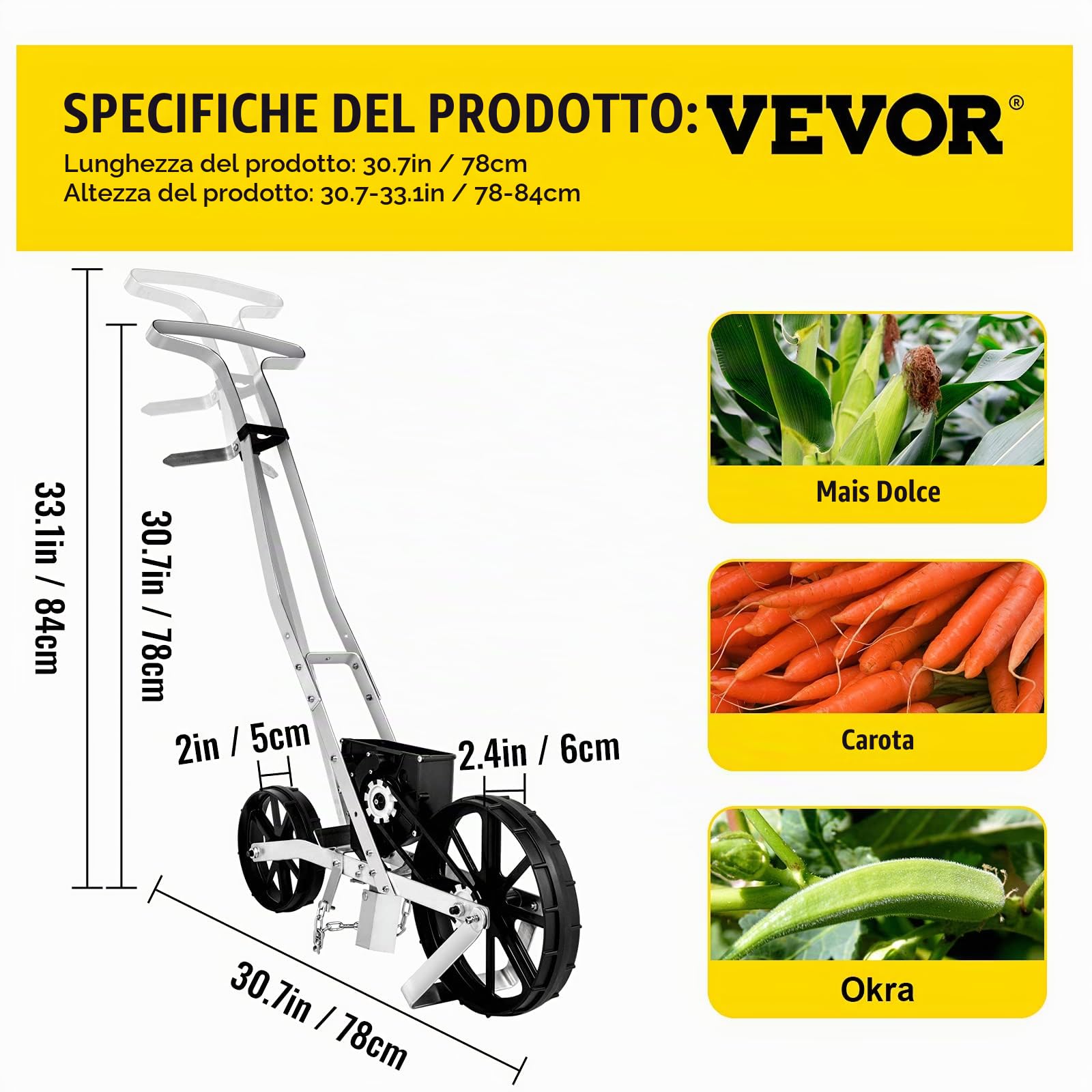 VEVOR Seminatrice a Mano in Alluminio + ABS, 6 Piastre per sementi monofila, 78-84 cm, Regolabile in Altezza, 6 cm, Ruota Anteriore 5 cm, Ruota Posteriore Ideale per Semi Come Mais, porri, Spinaci,