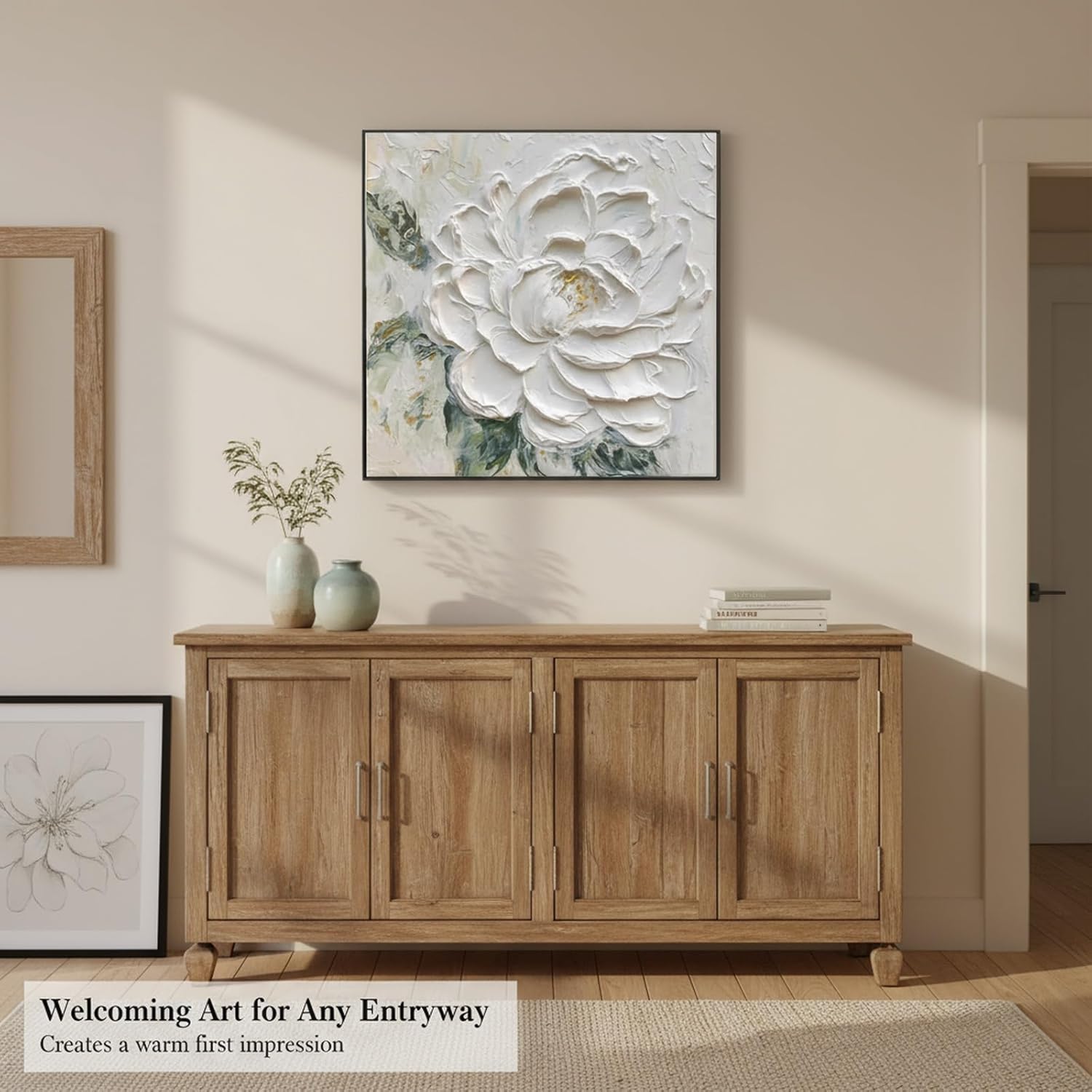Hand Painted White Flower Oil Painting for Kitchen, Large 3D Floral Canvas Wall Art for Living Room, Framd Modern Wall Decor for Bedroom,Office Home Decor 32" x 32"