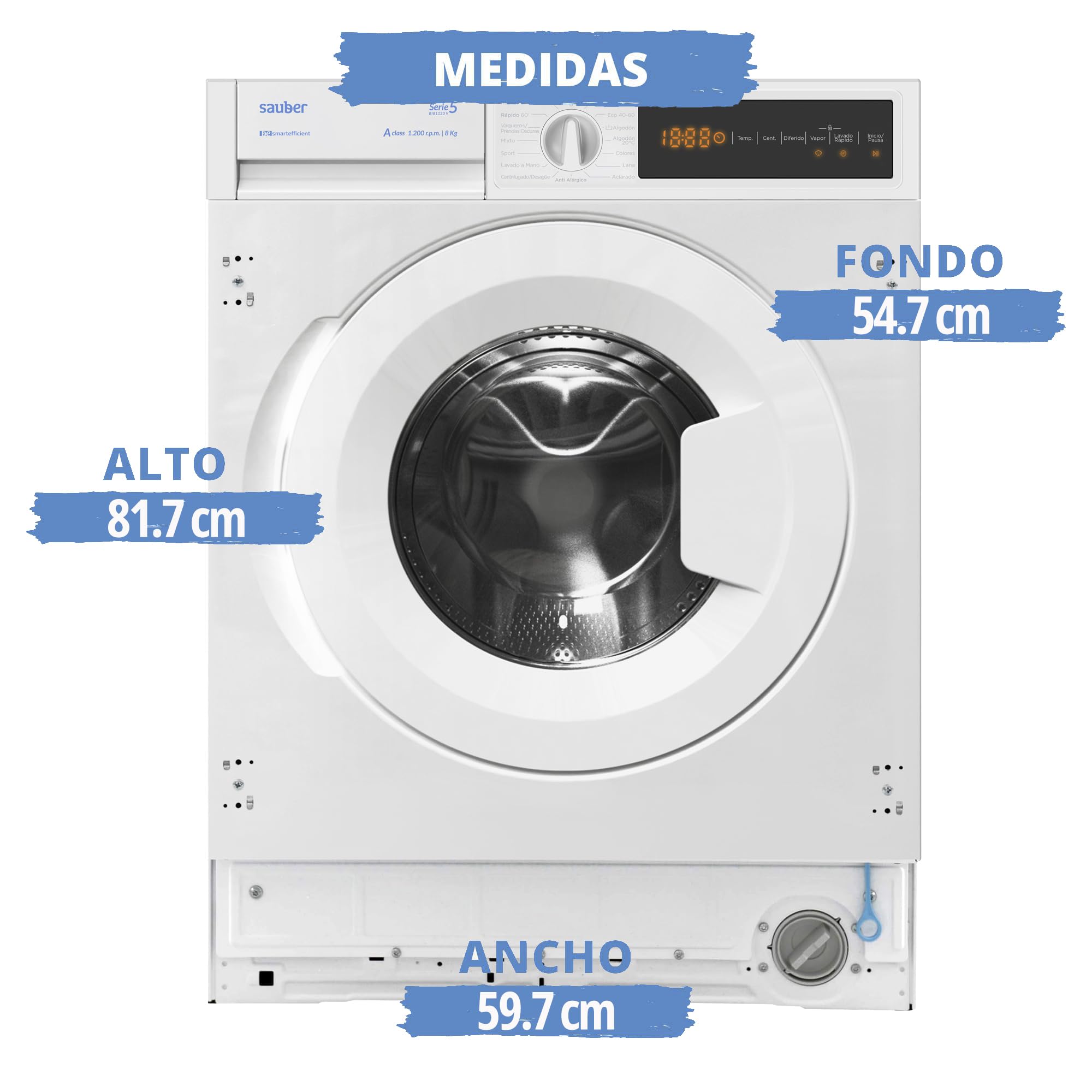 Sauber - Lavadora de carga frontal PANELABLE- MOTOR INVERTER SERIE 5-BI81123-8 kg - 1200 RPM - A - Programa Extra Rápido 15 minutos - Media Carga Avanzada - INSTALACIÓN INCLUIDA