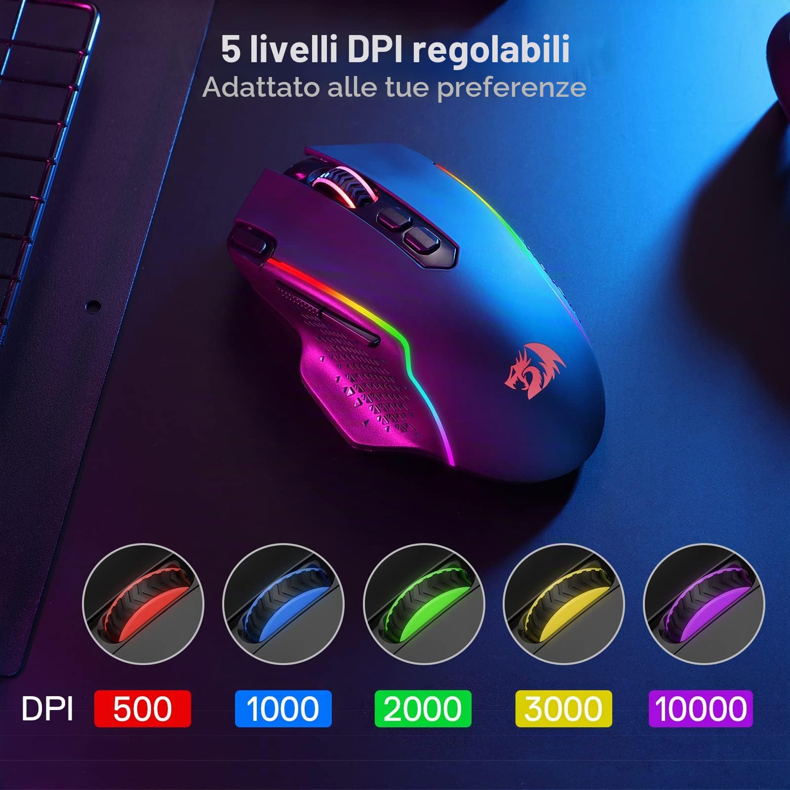Redragon M810 Pro - Mouse da gioco wireless da 10.000 DPI cablato/gamer con pulsante di scatto rapido, 8 tasti macro, 45 ore di potenza continua e retroilluminazione RGB per PC/Mac/Laptop