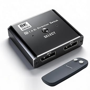 DP1.4 Bi-Directional Switch DisplayPort Switch 8K@60Hz DP Switcher with Remote Control Supports 4K@120Hz 1080P@240Hz Compatible with DP1.3/1.2/1.1/1.0 for PC Monitor Gaming Console
