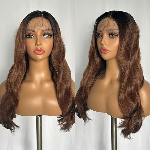 SOKU Pelucas sintéticas onduladas con encaje frontal de 22 pulgadas, peluca ondulada con pelo de bebé, color marrón degradado, sin pegamento,