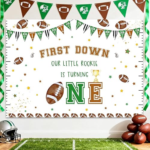 Fondo de fútbol de 7 x 5 pies para el primer cumpleaños con texto en inglés "Our Little Rookie is Turning One", fondo de fotografía, decoración de