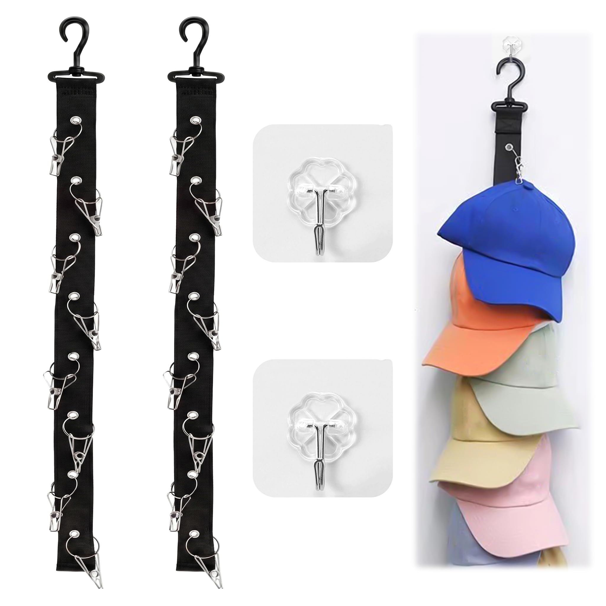 2 Piezas Organizador de Gorras de Béisbol, Colgador Gorras Vertical con 16 Clips Armario y 2 Ganchos Adhesivos, Colgadores de Gorra de Béisbol para Bufanda, Ropa, Toallas, Corbatas, Gorra (Negro)