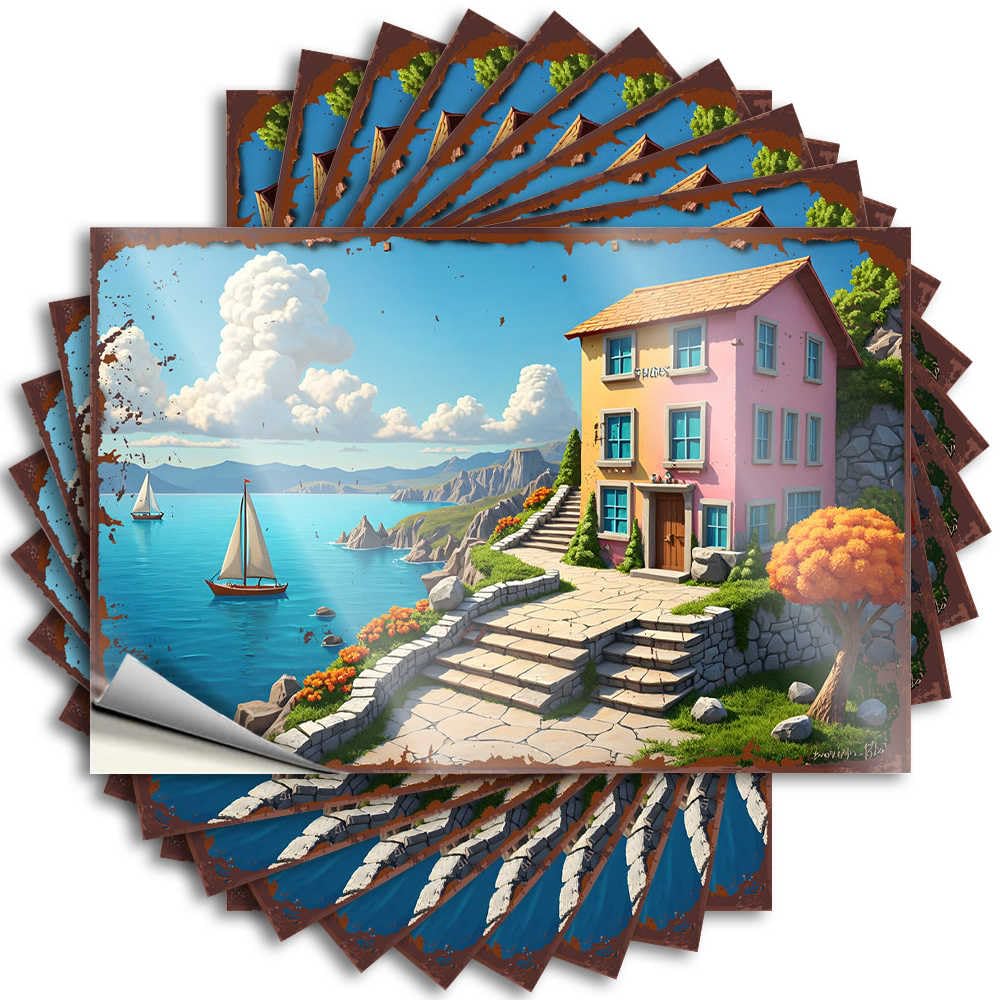 Sticker Decor for Bedroom Easy Apply | Coastal Dream: A Pastel House By The Sea with Sailboats and Lush Snarky Bumper Peel and Stick(12X18CM)