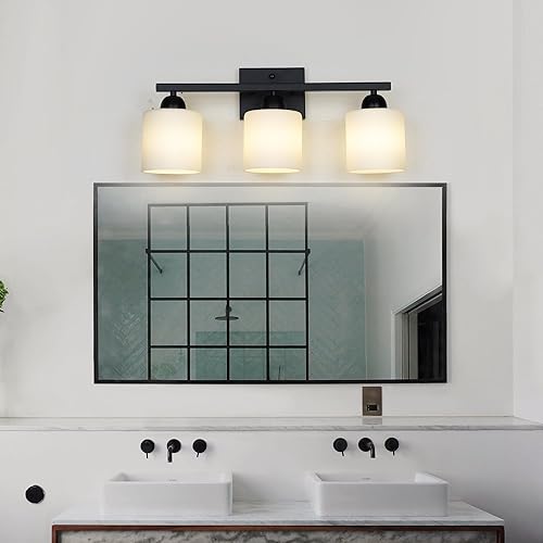 Miniatura 6 de Luces de tocador de vidrio de leche para baño, 3 luces de baño negro mate sobre espejo, enchufes E26 de cerámica montados en la pared