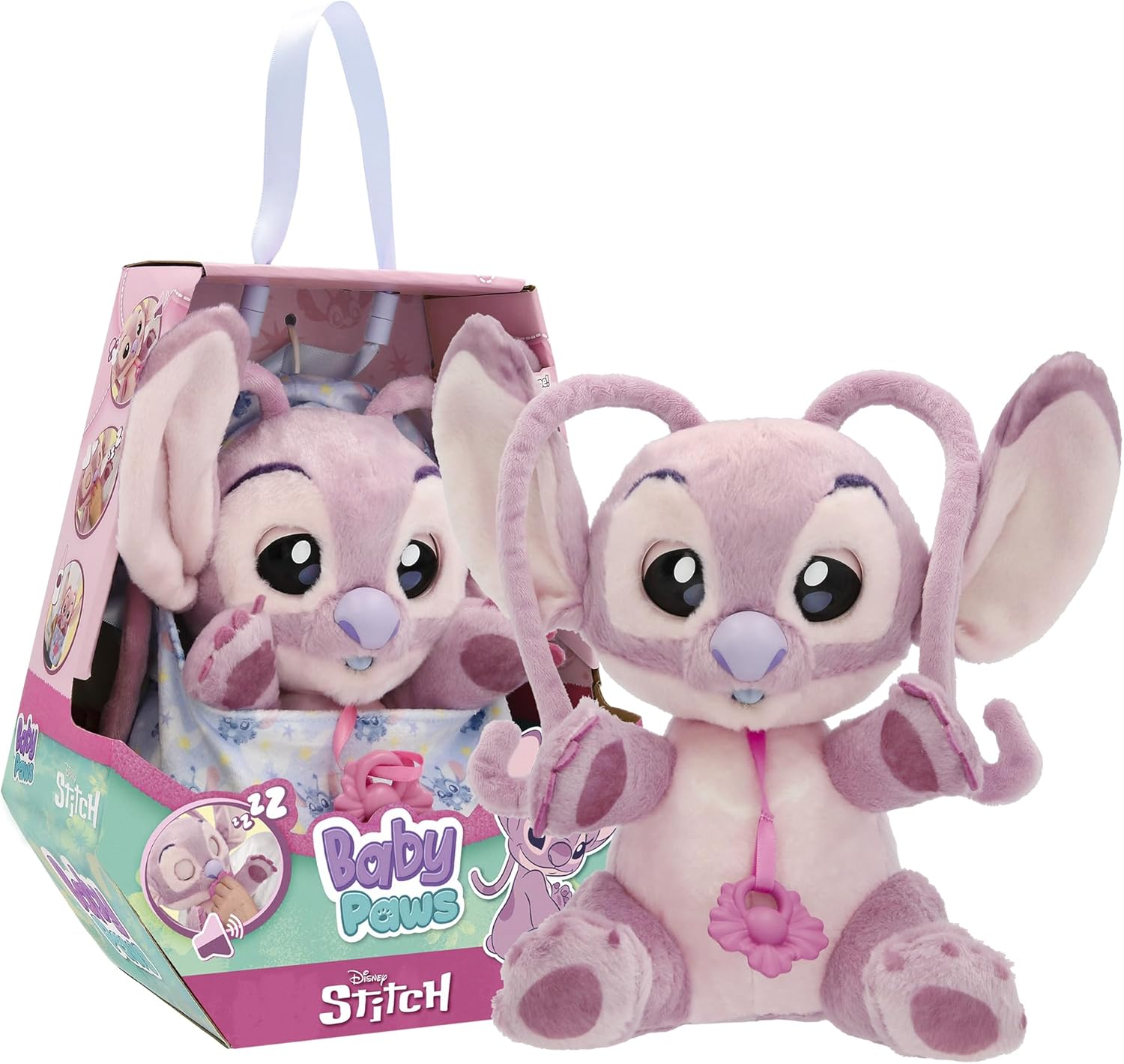 Baby Paws Disney Angel Interactive Soft Toy with Sounds that Opens and Closes Your Eyes with a Bag to Take with You Children 3 Years and Above, Pink
