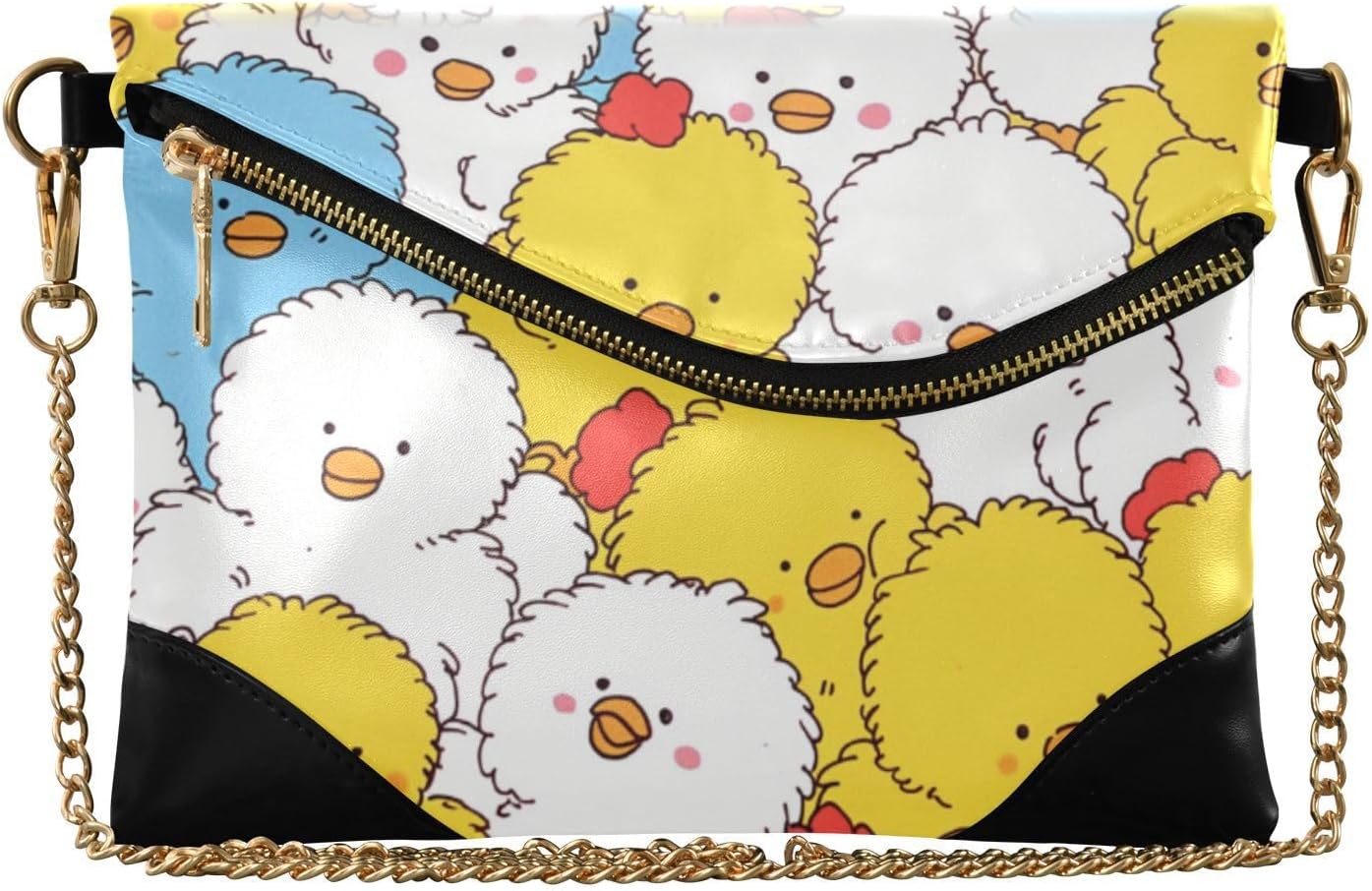 PU Leather Clutch Handbags for Women Zipper Foldover Envelope Clutch Bag for Lady Cute Yellow White Chicks
