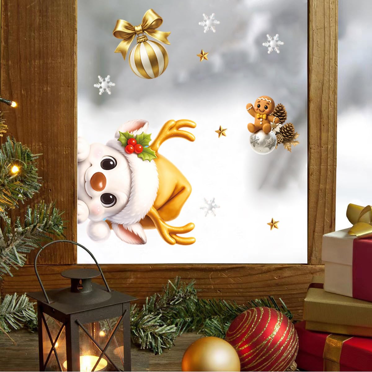 2 Bögen goldene Weihnachts-Fensteraufkleber, groß, Winter-Fensteraufkleber, Weihnachtsmann, Elch, Glocke, Süßigkeiten, Lebkuchenmann, Designs, doppelseitige Schneeflocken-Fensteraufkleber für Urlaub