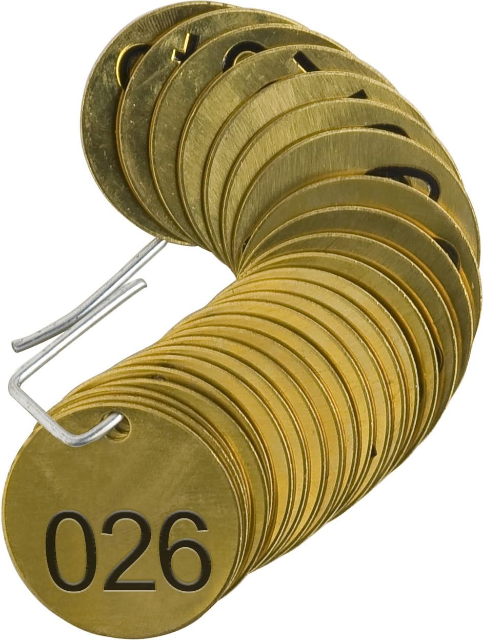 Brady 23201 1-1/2" Diameter, B-907 Brass, Brass Color, Number Sequence 026-050 Round Stamped Brass Valve Tags, Top Line Legend (Blank) (Pack Of 25)