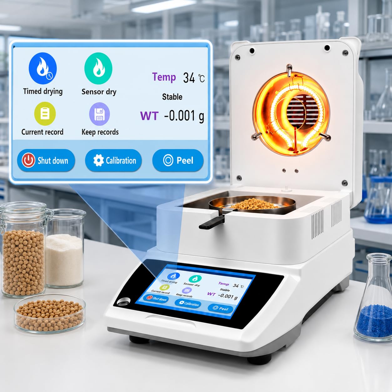 Analizator wilgotności halogenowej, pojemność 50 g, odczyt 0,01 g, dokładny i szybki pomiar zawartości wilgoci do zastosowań laboratoryjnych i przemysłowych
