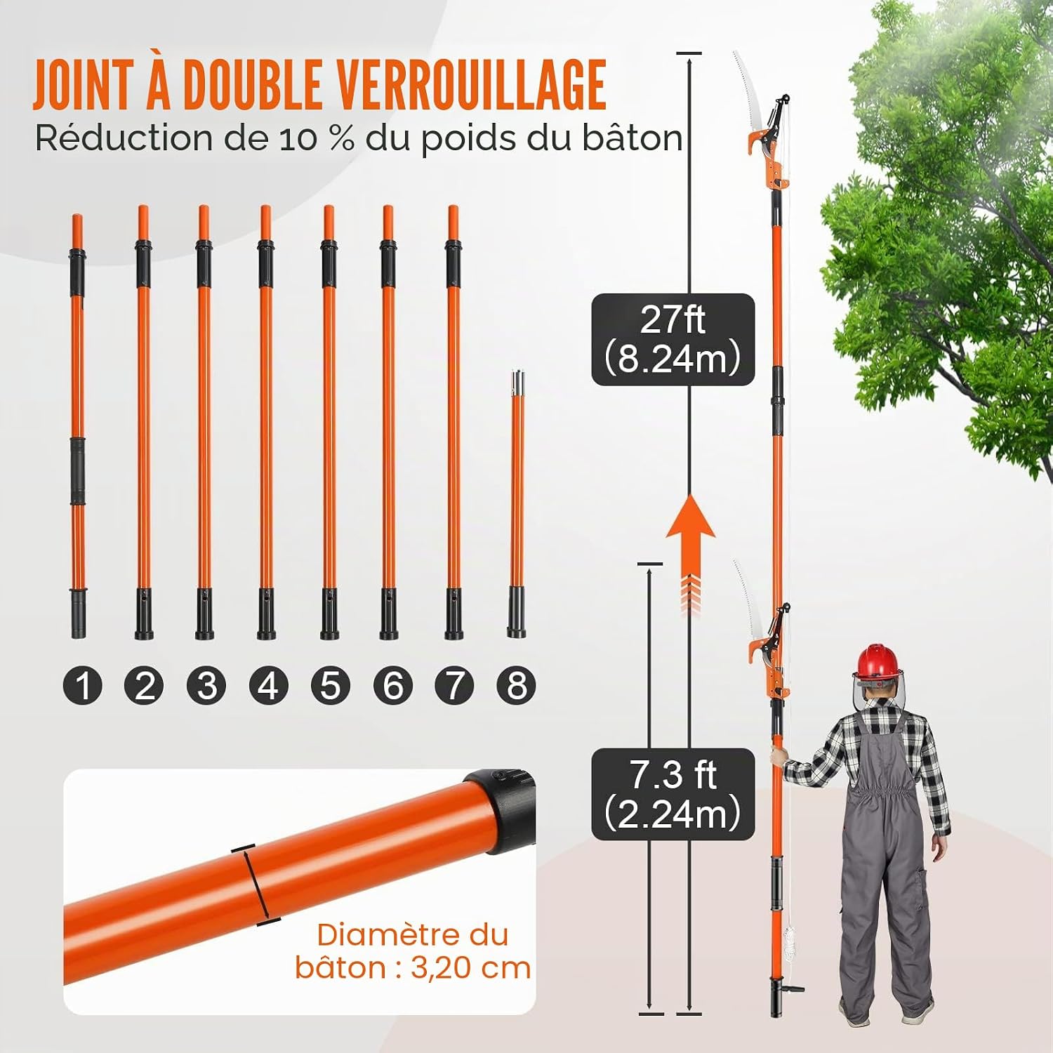 VEVOR Scie à Élaguer Télescopique 2,24-8,24 m Scie à Perche Extensible Lame en Acier Tranchant Scie d'Élagage avec 8 Poteaux Fibre de Verre Ciseaux Coupe Branches Hautes pour Élagage Palmiers Arbustes — vue 5