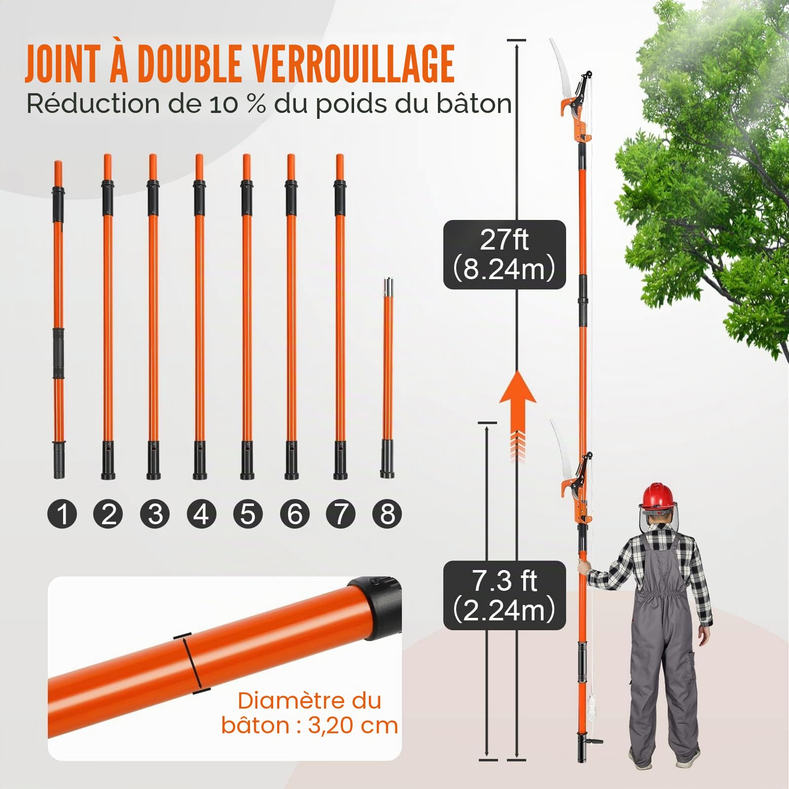 VEVOR Scie à Élaguer Télescopique 2,24-8,24 m Scie à Perche Extensible Lame en Acier Tranchant Scie d'Élagage avec 8 Poteaux Fibre de Verre Ciseaux Coupe Branches Hautes pour Élagage Palmiers Arbustes