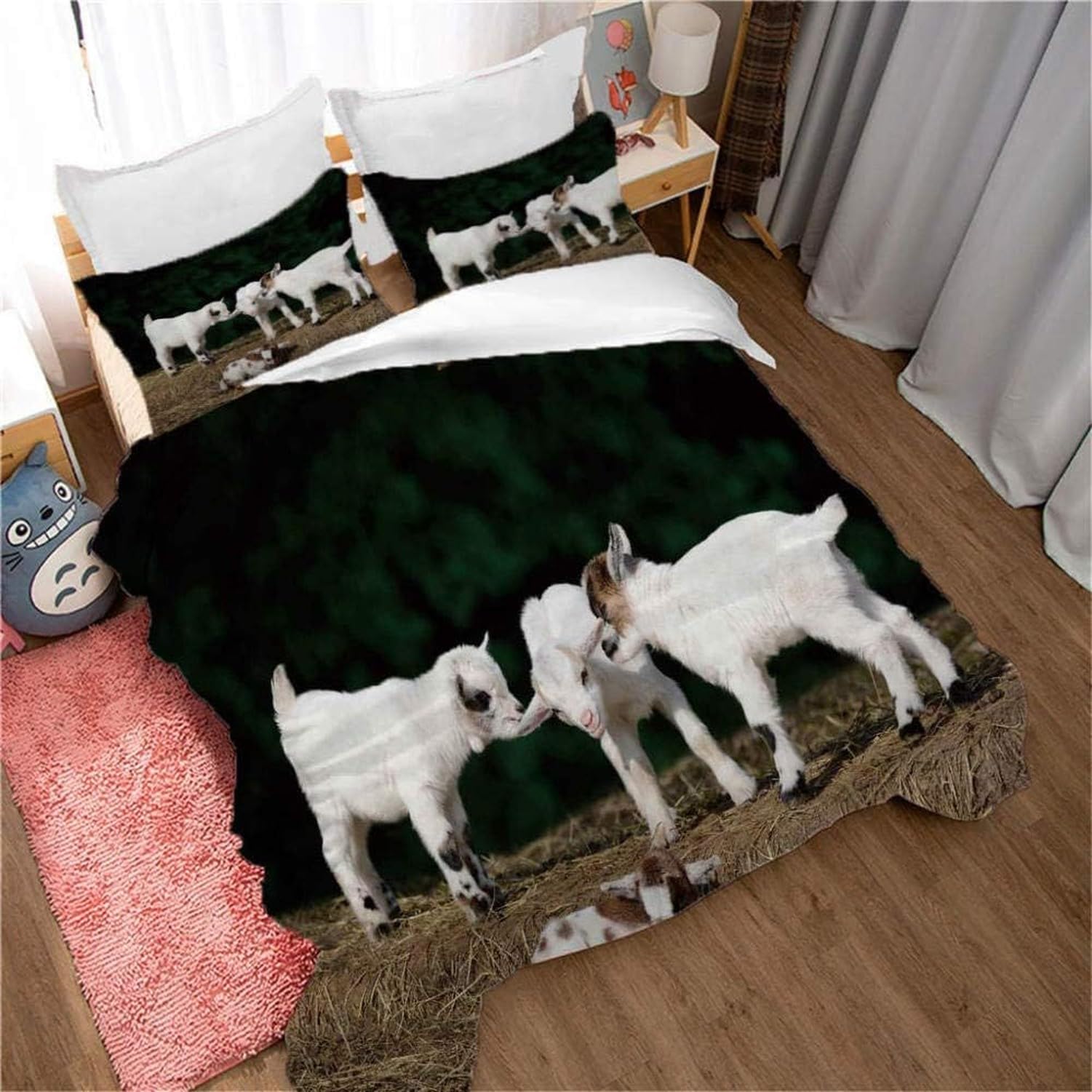Duvet Copripiumino Bianco e Nero Capra con 2 Federe 50x75 cm Stampa 3D Lenzuola Coperte Letto con Chiusura Lampo per Bambini, Morbido Microfibra Biancheria Lett