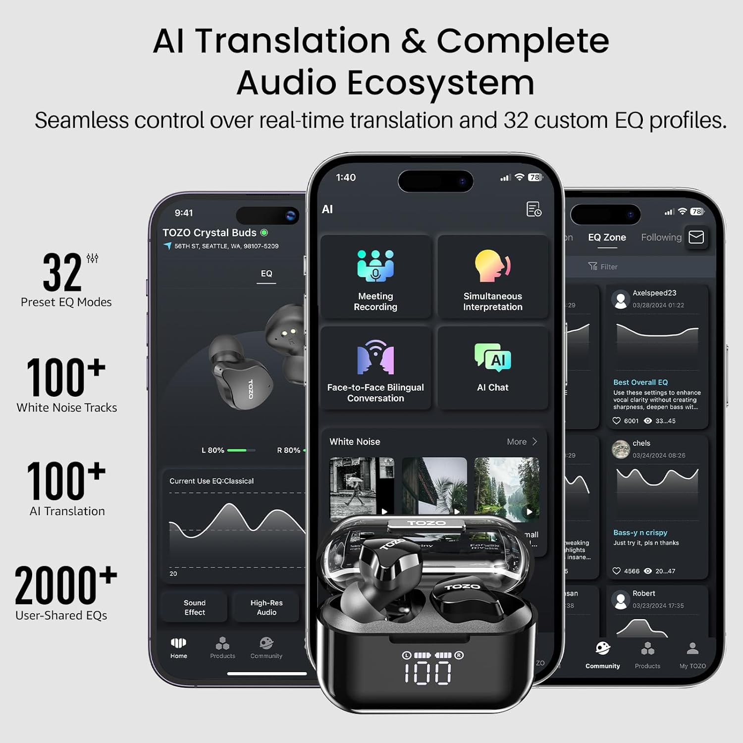 TOZO T18 Wireless Earbuds Bluetooth Headphones 5.3, IPX8 Waterproof Ear Buds, 4 Mic Clear Call Long Playtime with LED Digital Display Charging Case, Stereo Bass Sound 32 Customized EQ via APP