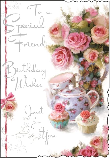 Jonny Javelin Artistic Special Friend 'Happy Birthday' Card (V009) - Pink Roses and Cupcakes - Scalloped Edge - For Her