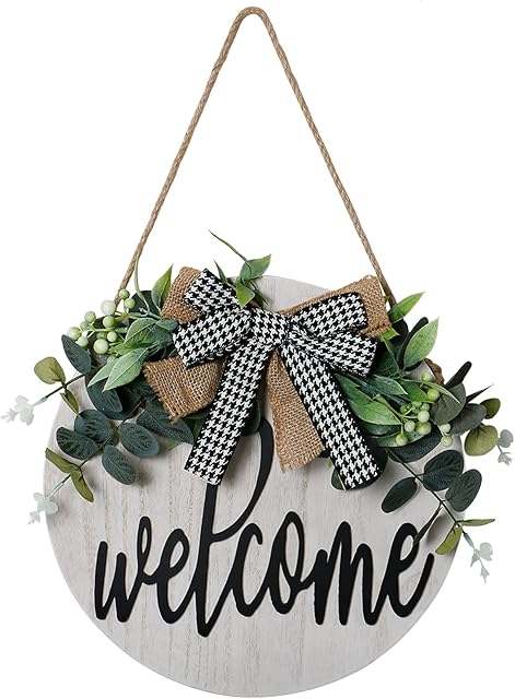 Dremisland Welcome Sign For Front Door- Rustic Round Wood Welcome Wreaths Porch Hanging Vertical Sign White Wooden Farmhouse Signs 12 x 12 Inch House and Office Sign