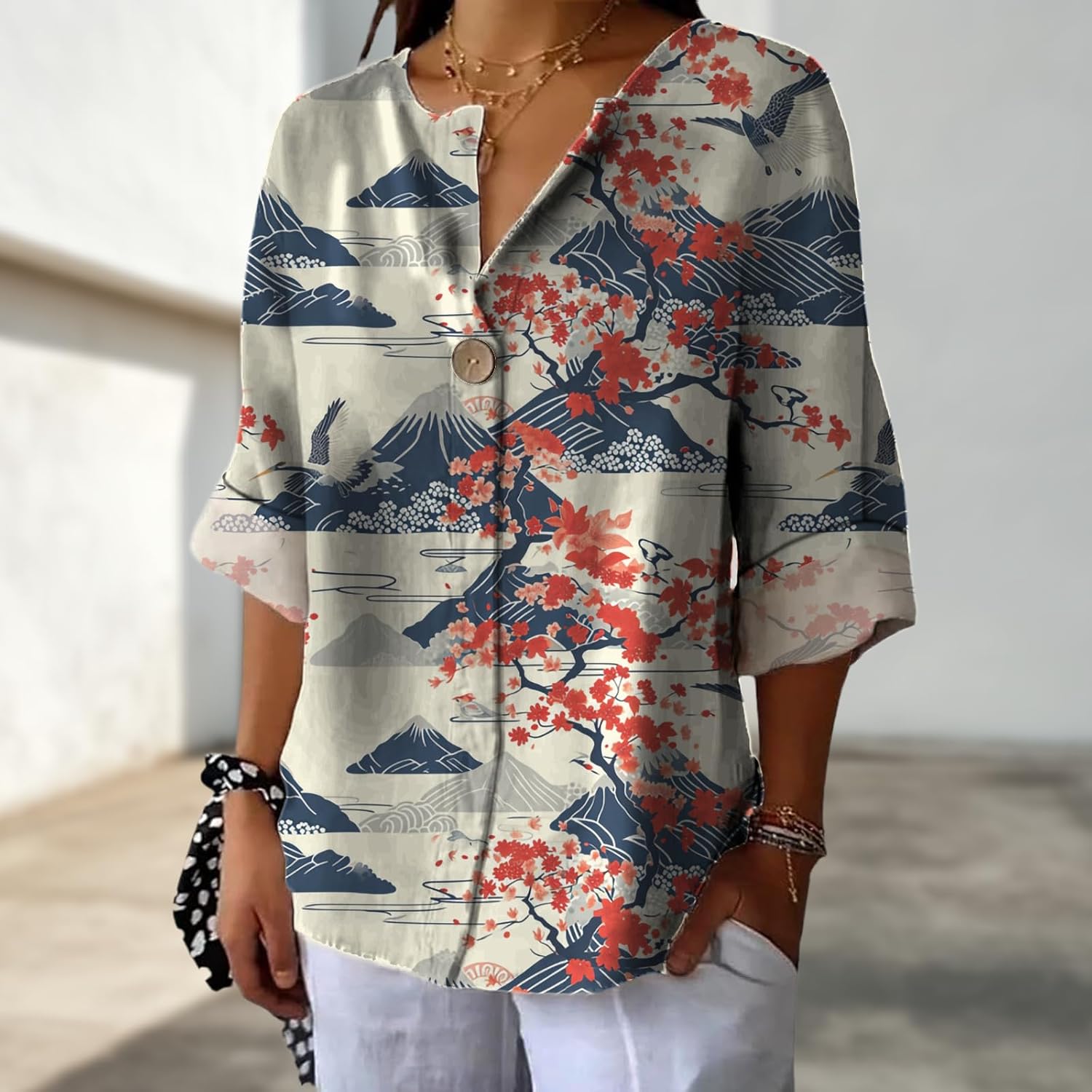 Womens Tops Trendy Collared Shirts Boho Y2k Graphic Long Sleeve Lightweight Loose Fit Blouses Summer Shirts - Image 2