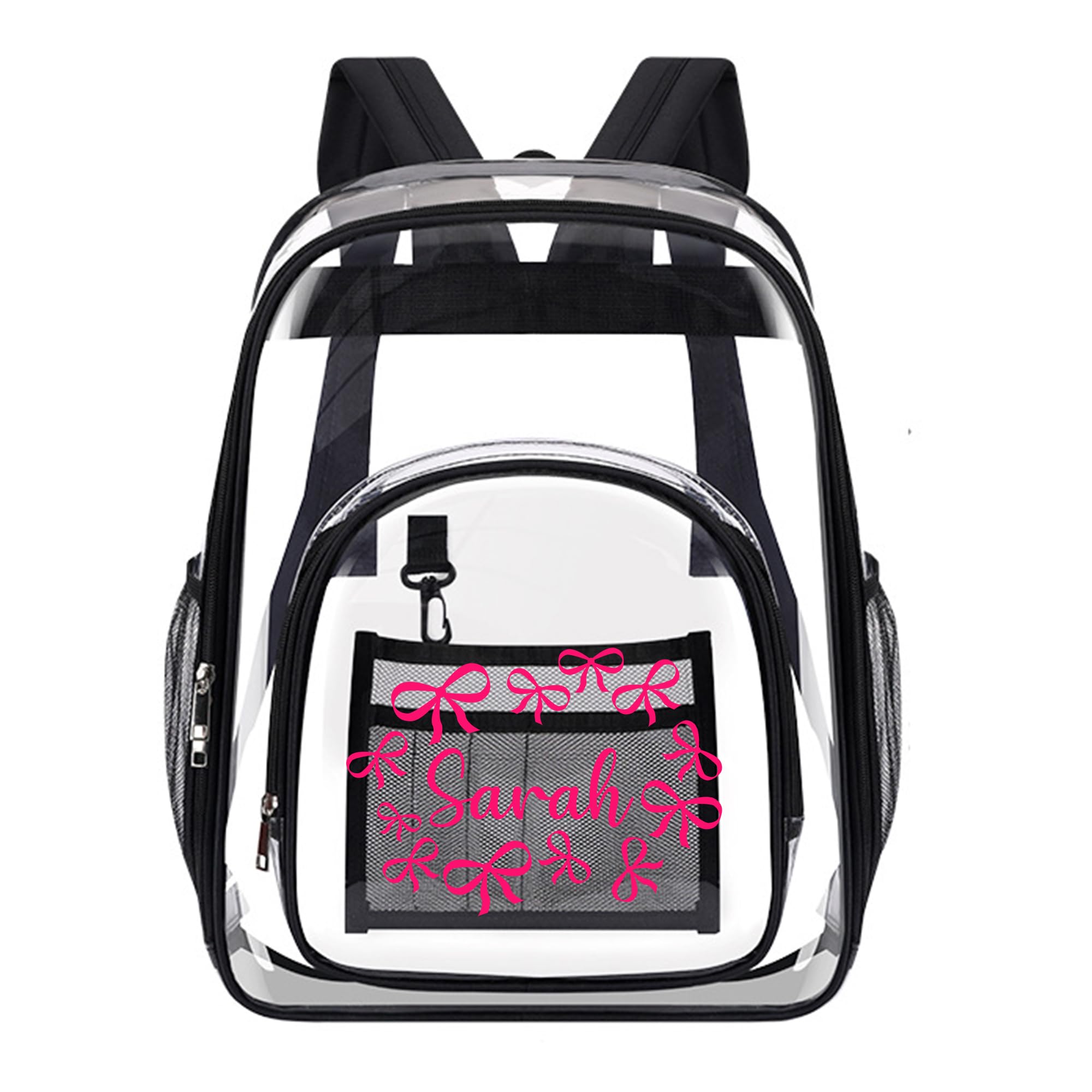 Personalized Bow Clear Backpack Custom Name, Customized Clear Bookbag Heavy Duty Waterproof PVC Transparent See Through Bag
