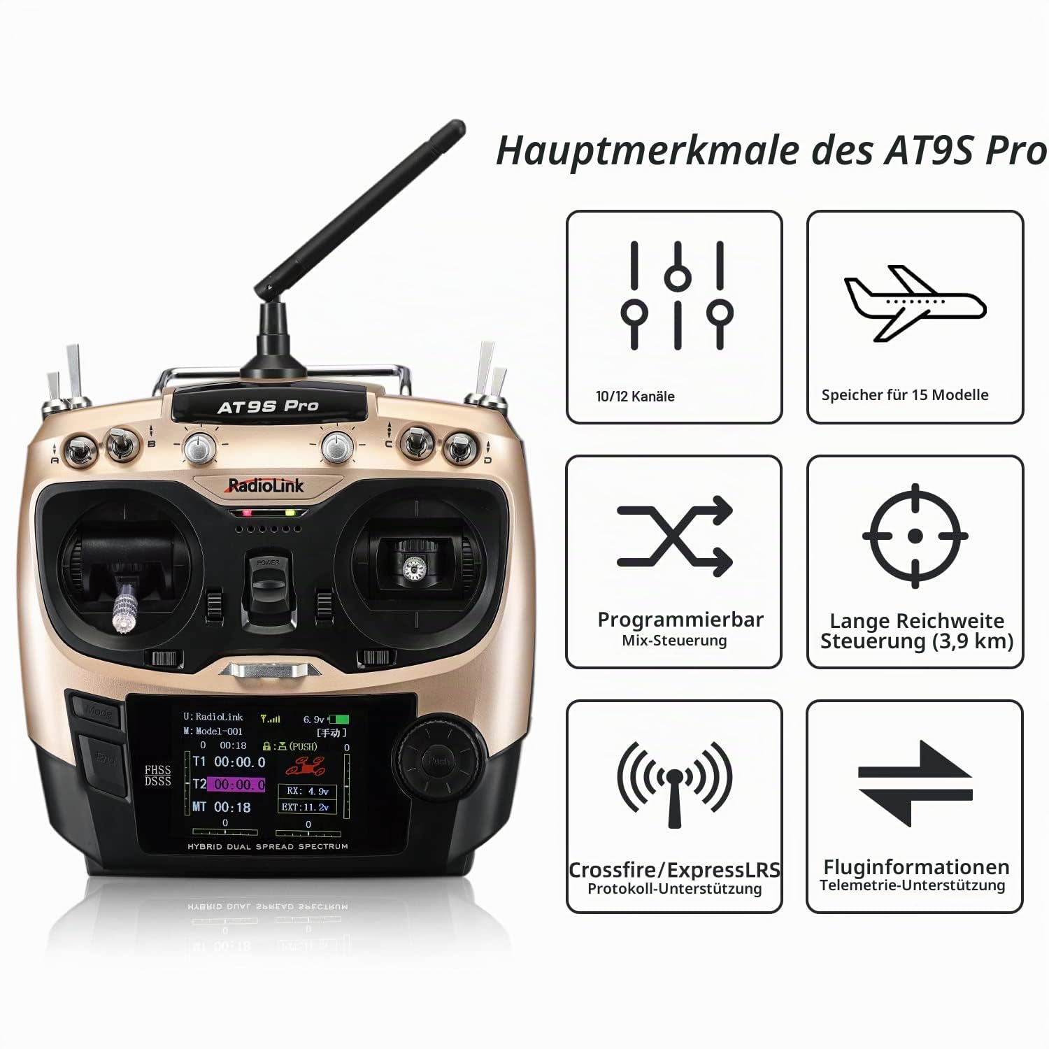 Radiolink AT9S Pro RC Fernsteuerung mit Empfänger, 10/12 Kanäle mit Empfänger-R9DS 2.4 GHz Fernbedienung Sender für RC Drohne Fleugzeug Segelfugzeug Auto Boot(Modus 2 Linke Hand) | Ferngesteuerte Fernsteuerung mit großer Reichweite für RC Flugzeug, FPV-GP