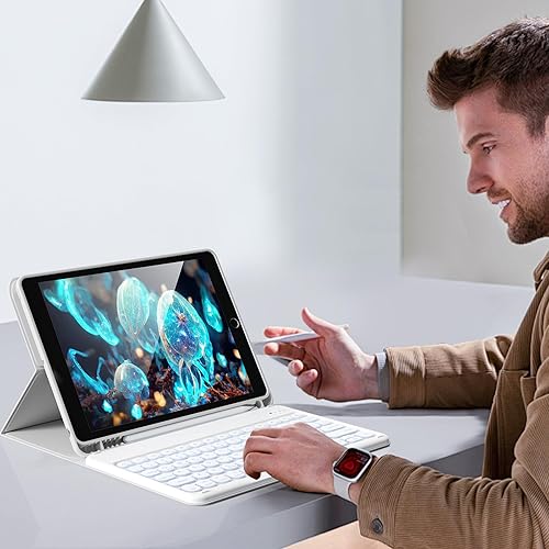 Miniatura 116 de aoub Funda para iPad de 9ª/8ª/7ª generación de 10.2 pulgadas, funda de teclado Bluetooth inalámbrica desmontable, funda trasera de TPU suave