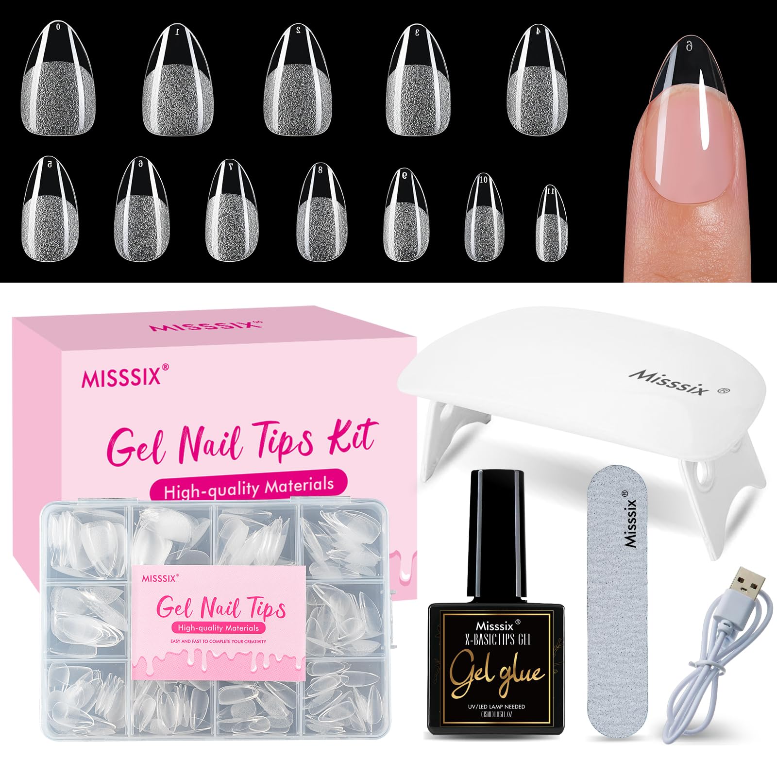 Misssix Short Almond Gel Nail Tips Kit 216Pcs Pre Etched Clear Fake Nails Full Cover False Nail 9-in-1