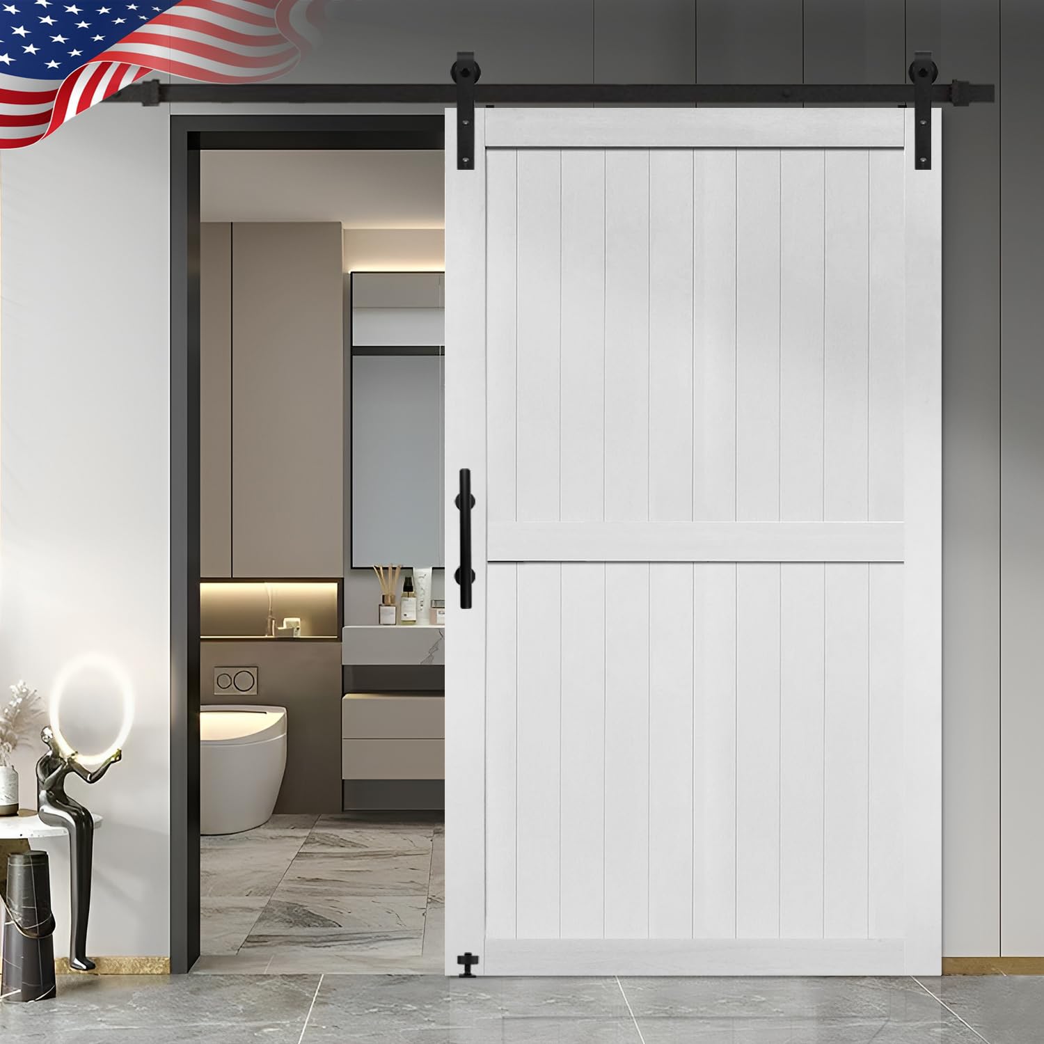 S&Z TOPHAND® 46in x 80in MDF Barn Door with 8FT Sliding Door Hardware Kit, 24-60in Solid Barn Door Slab Covered with Water-Proof PVC Surface, (J Shape)