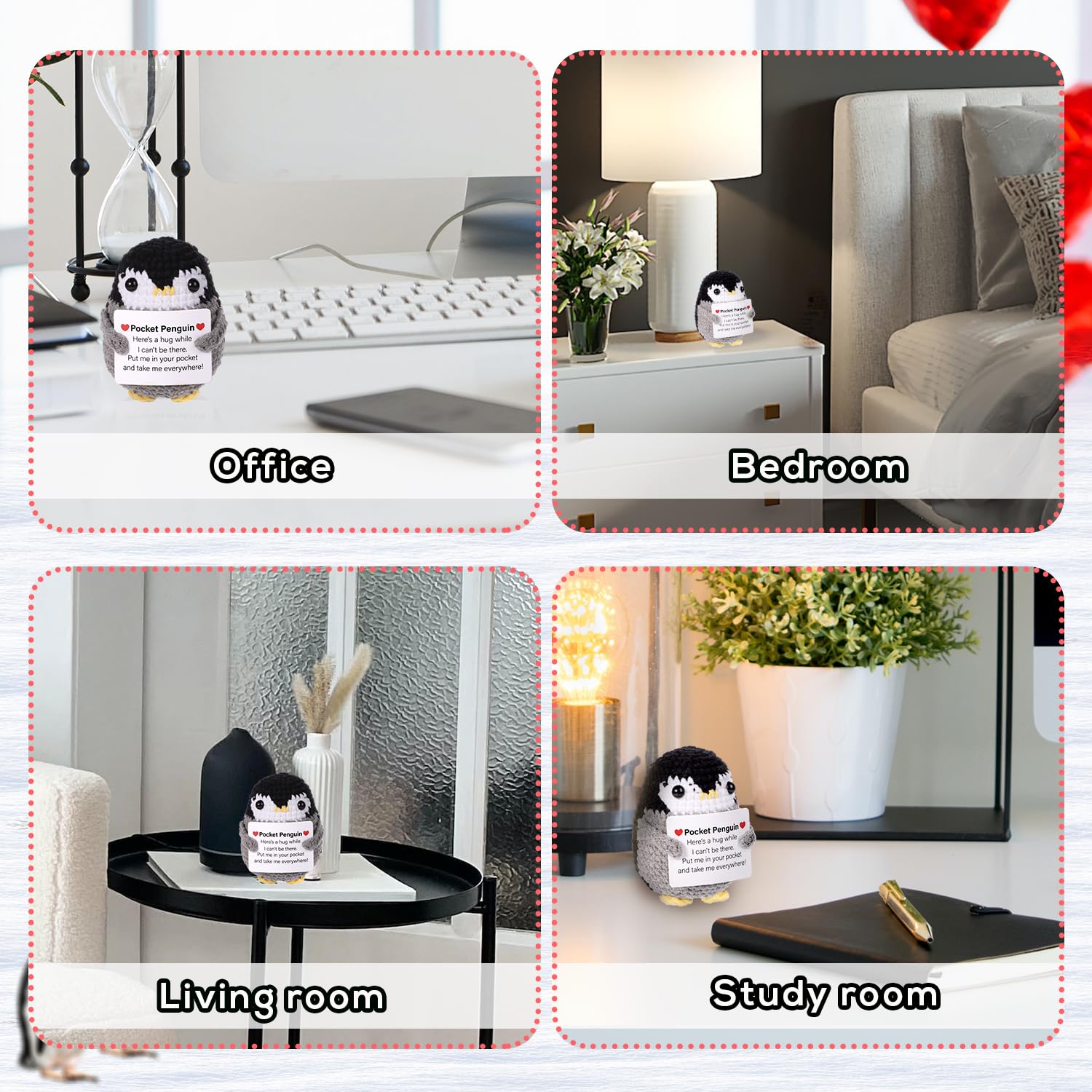 Pinguino Positivo Portafortuna - Peluche Tascabile Lavorato A Maglia Con Fiocco Rosa E Biglietto Ispiratore, Regalo Di Supporto Emotivo