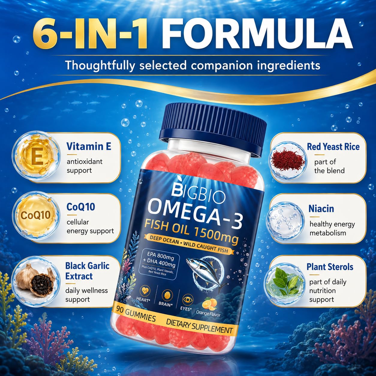 Omega-3 Fish Oil Gummies 1500mg for Adults, Triple Strength EPA & DHA with CoQ10, Red Yeast Rice, Bergamot & Antioxidants, Wild-Caught, Sugar-Free, Burpless, Heart & Brain Support, 90 Count — Amazon image 3
