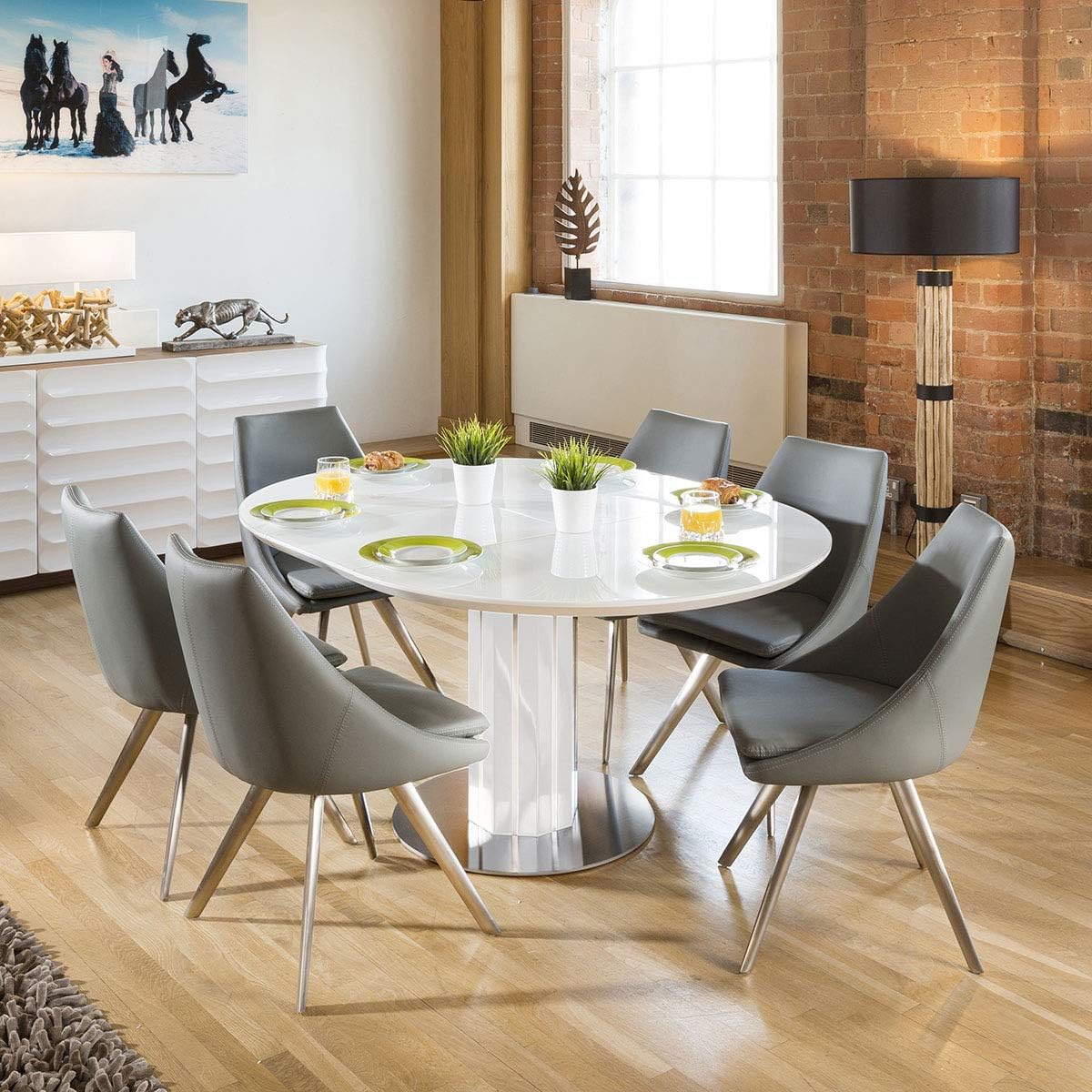 Quatropi Modern Extending Dining Set Round/Oval Glass Wht Table 6 Grey Chairs